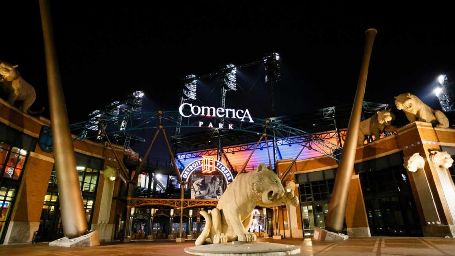 April 30, 2013; Detroit, MI, USA; General view of exterior at night of Comerica Park. Mandatory Credit: Rick Osentoski-USA TODAY Sports