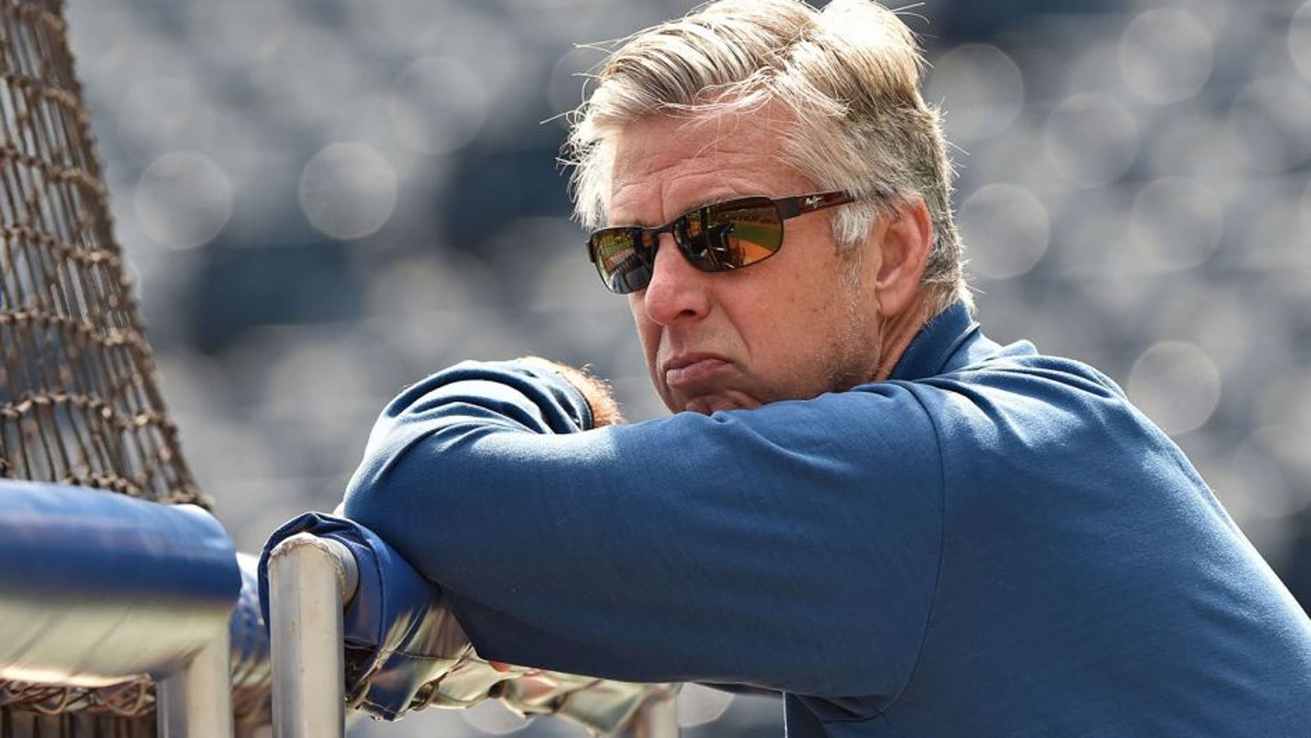 May 3, 2015; Kansas City, MO, USA; Detroit Tigers general manager David Dombrowski watches batting practice prior to the game against the Kansas City Royals at Kauffman Stadium. Mandatory Credit: Peter G. Aiken-USA TODAY Sports
