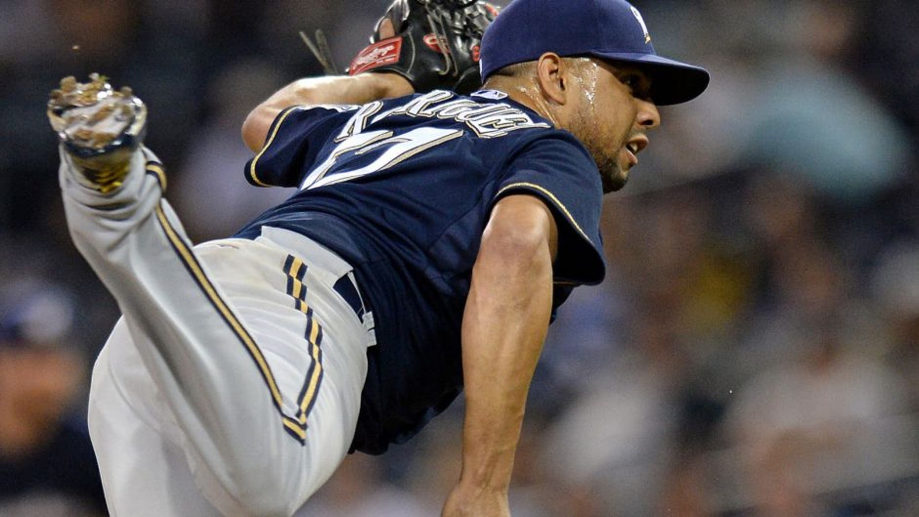 Sep 29, 2015; San Diego, CA, USA; Milwaukee Brewers relief pitcher Francisco Rodriguez (57) pitches during the ninth inning against the San Diego Padres at Petco Park. Mandatory Credit: Jake Roth-USA TODAY Sports