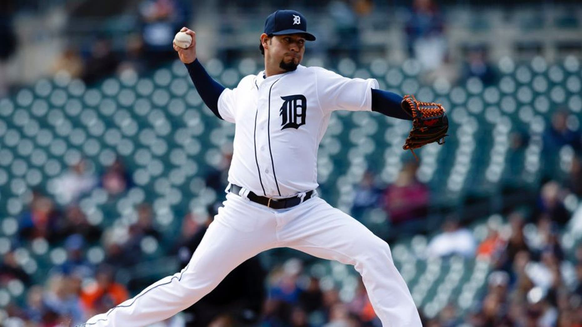 Apr 12, 2016; Detroit, MI, USA; Detroit Tigers starting pitcher Anibal Sanchez (19) pitches in the first inning against the Pittsburgh Pirates at Comerica Park. Mandatory Credit: Rick Osentoski-USA TODAY Sports
