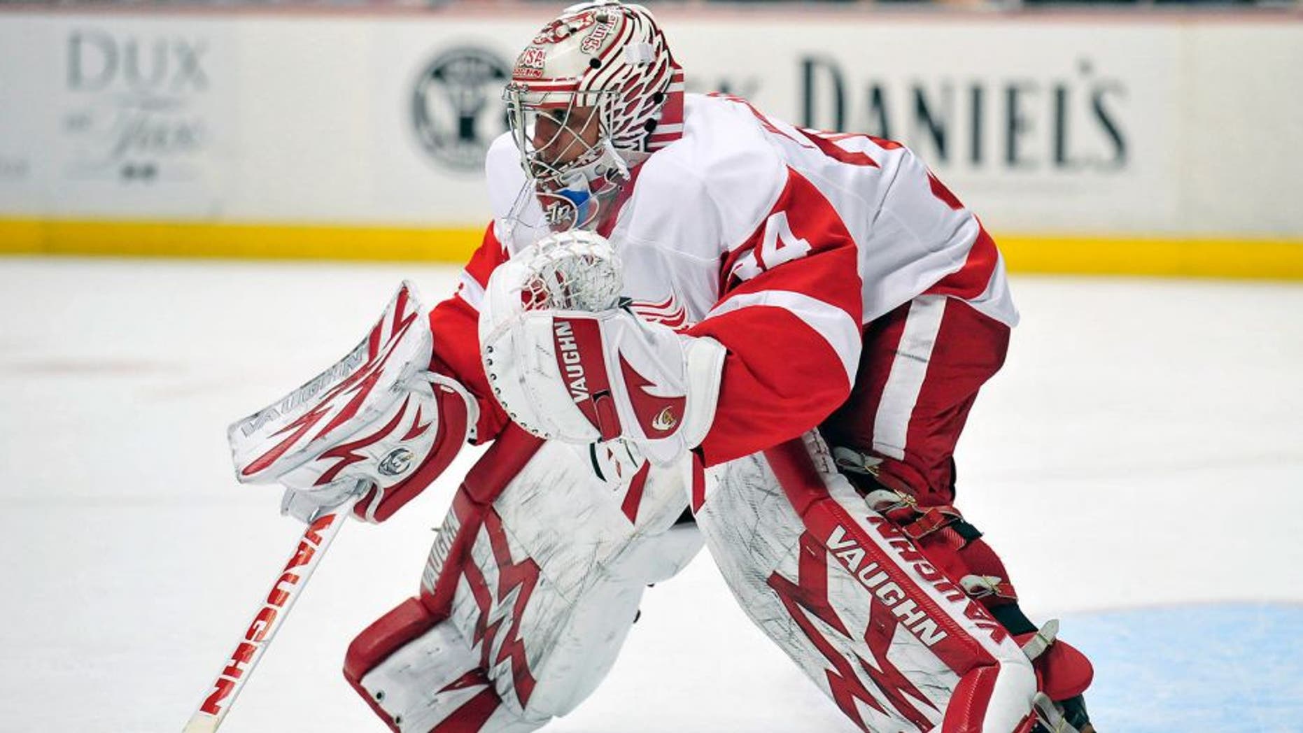 January 12, 2014; Anaheim, CA, USA; Detroit Red Wings goalie Petr Mrazek (34) defends the goal against the Anaheim Ducks during the second period at Honda Center. Mandatory Credit: Gary A. Vasquez-USA TODAY Sports