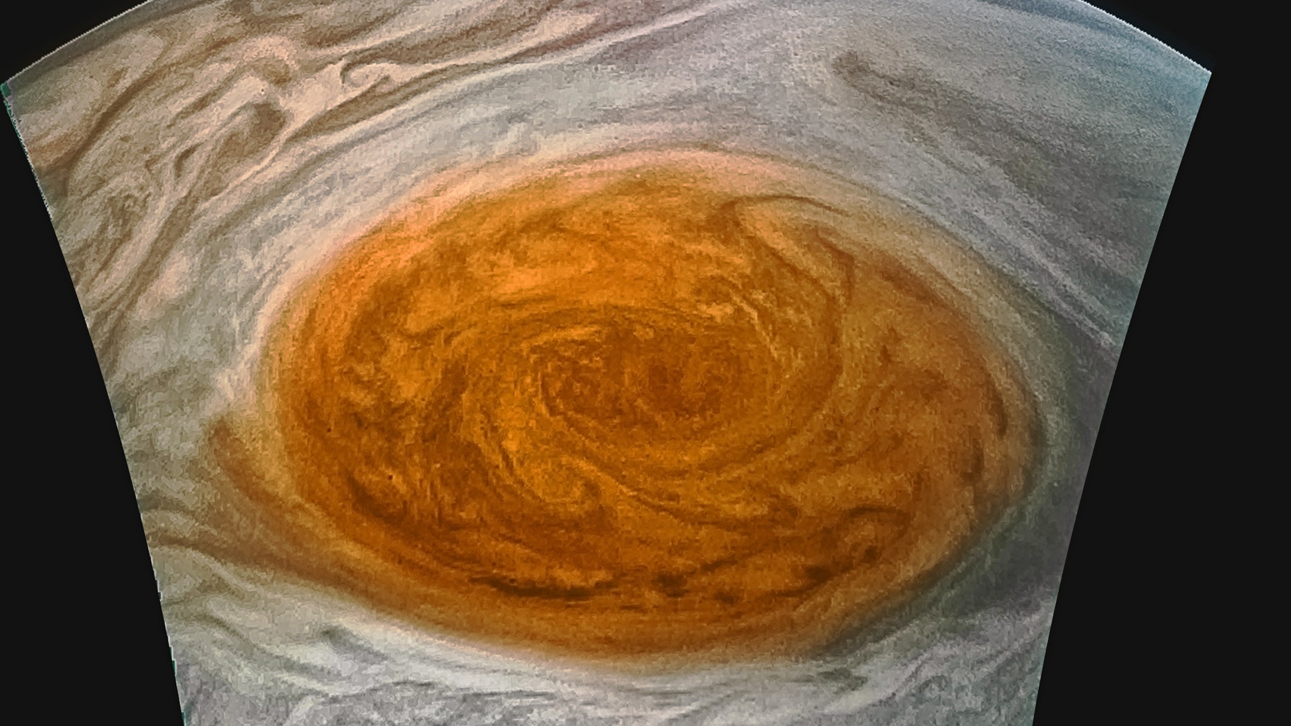 A close-up of Jupiter’s Great Red Spot taken by the JunoCam instrument on NASA's Juno probe, and color-enhanced by citizen scientist Jason Major.
