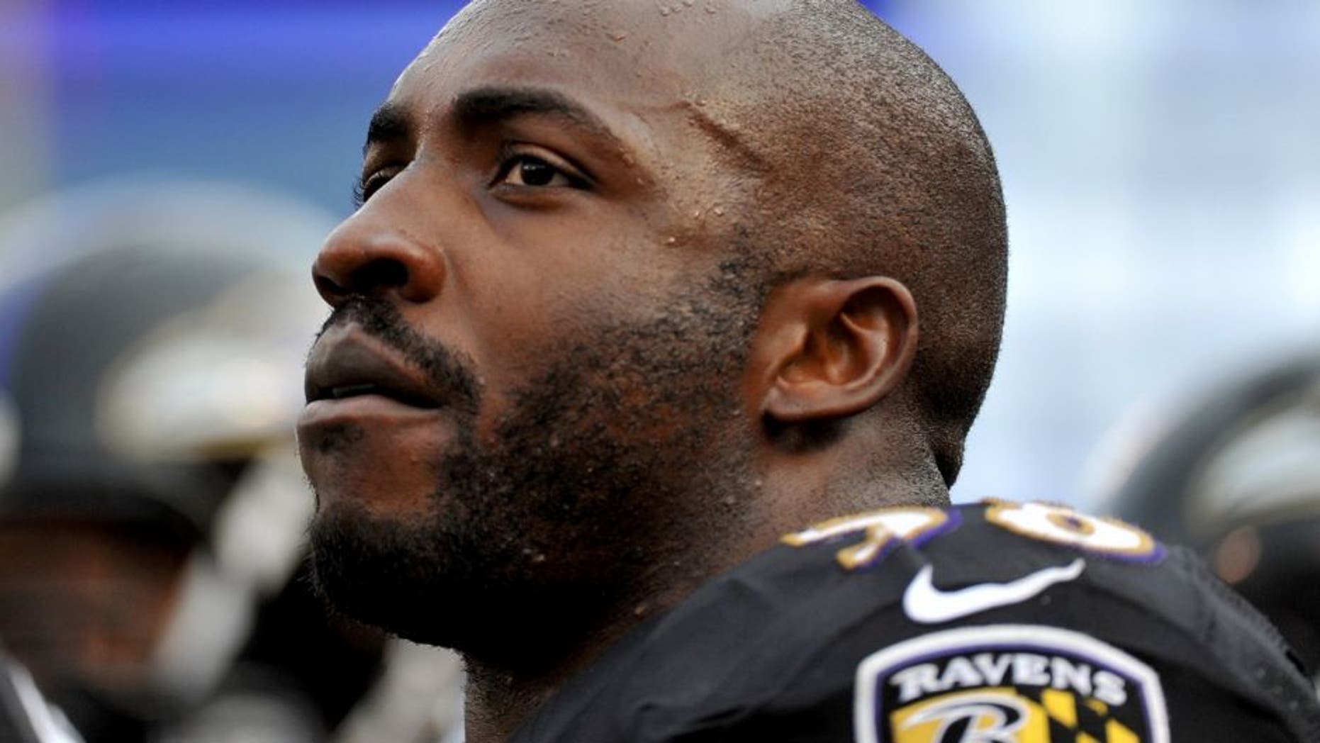 BALTIMORE, MD - DECEMBER 27, 2015: Linebacker Elvis Dumervil #58 of the Baltimore Ravens watches the action from the sideline during a game against the Pittsburgh Steelers on December 27, 2015 at M&T Bank Stadium in Baltimore, Maryland. Baltimore won 20-17. (Photo by: Nick Cammett/Diamond Images/Getty Images)