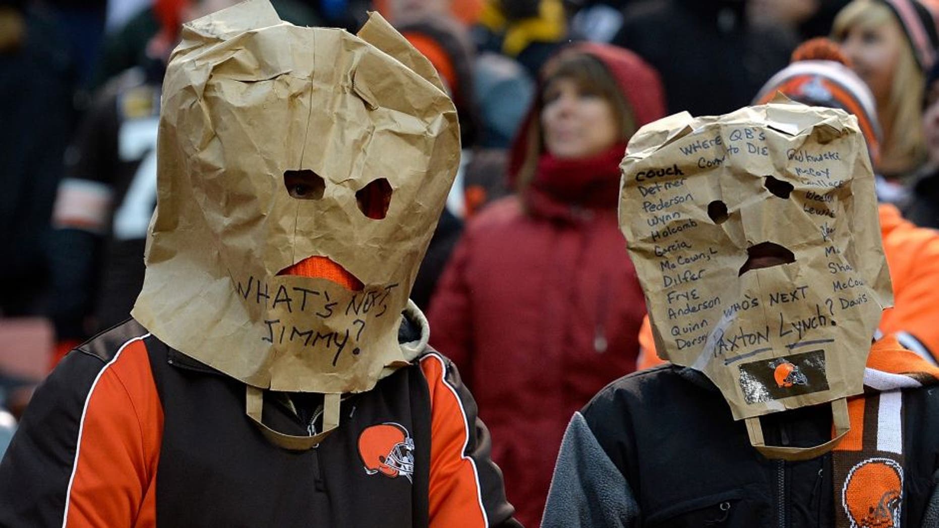 CLEVELAND, OH - JANUARY 3: Cleveland Browns fans look on during the fourth quarter against the Pittsburgh Steelers at FirstEnergy Stadium on January 3, 2016 in Cleveland, Ohio. Pittsburgh won the game 28-12. (Photo by Jason Miller/Getty Images)