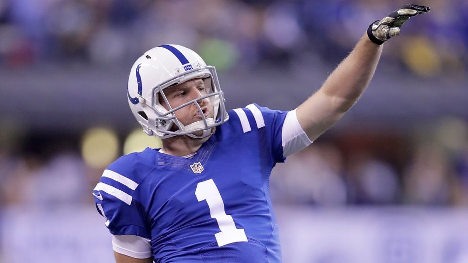 INDIANAPOLIS, IN - NOVEMBER 24: Pat McAfee #1 of the Indianapolis Colts reacts after throwing a first down pass on a trick play during the second quarter of the game against the Pittsburgh Steelers at Lucas Oil Stadium on November 24, 2016 in Indianapolis, Indiana. (Photo by Andy Lyons/Getty Images)