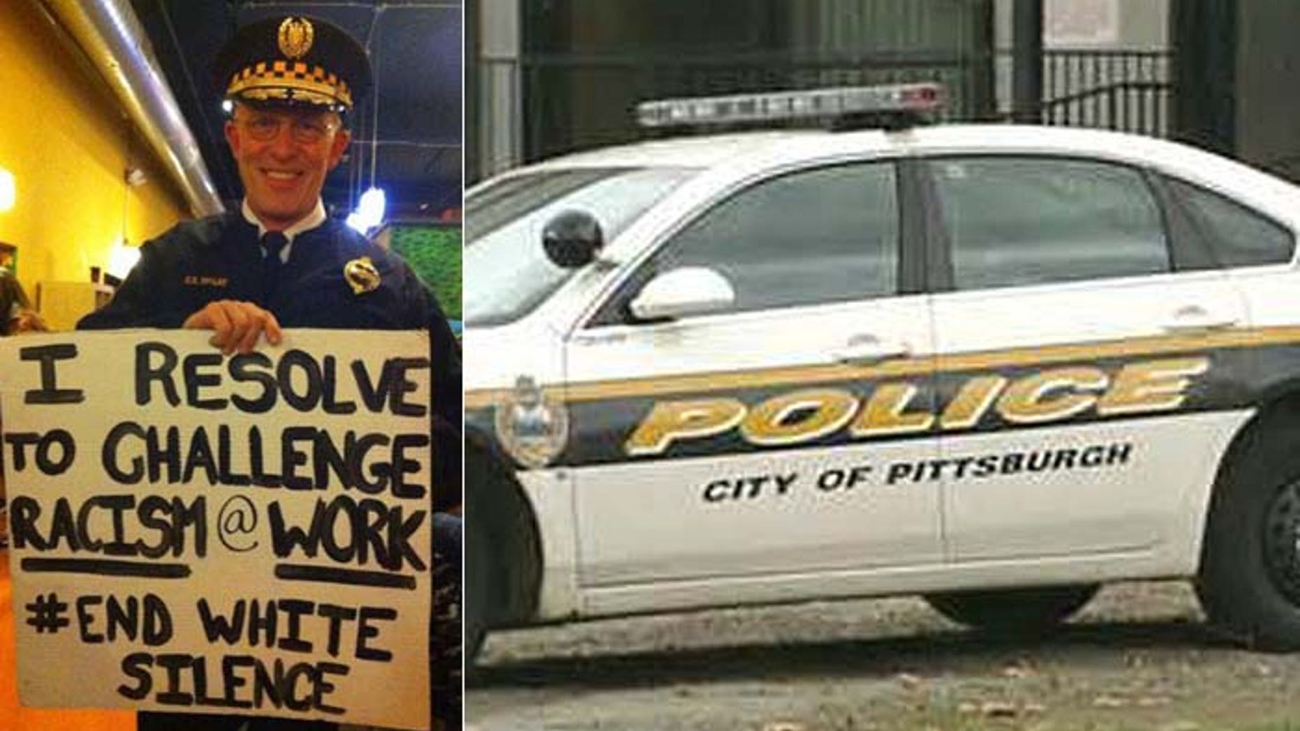 Pittsburgh Police Chief Cameron McLay ticked off members of his force when he posed with this sign. (AP, Fight Back Pittsburgh)