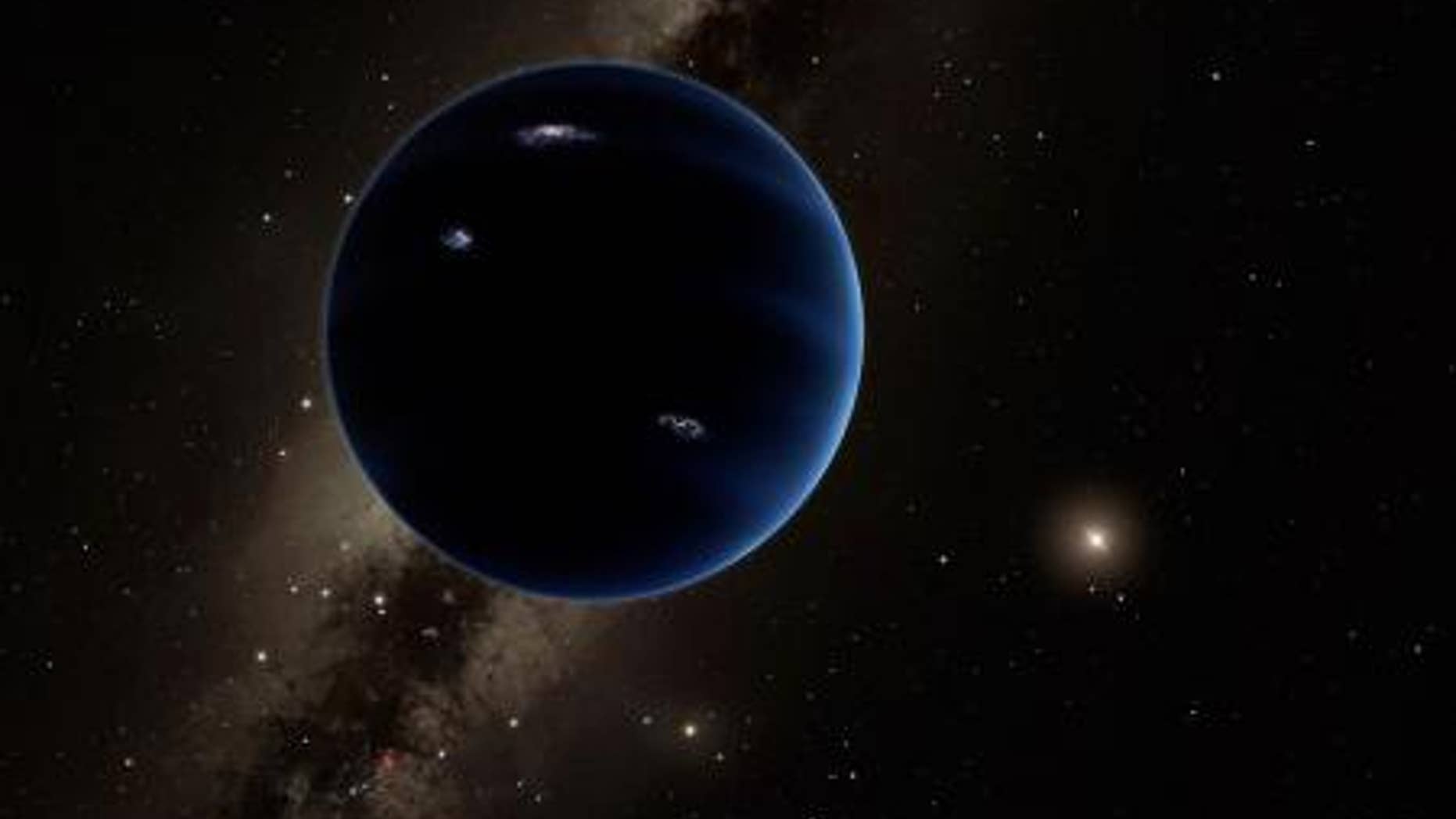 This artistic rendering shows the distant view from Planet Nine back towards the sun. The planet is thought to be gaseous, similar to Uranus and Neptune. Hypothetical lightning lights up the night side. (Caltech/R. Hurt (IPAC))