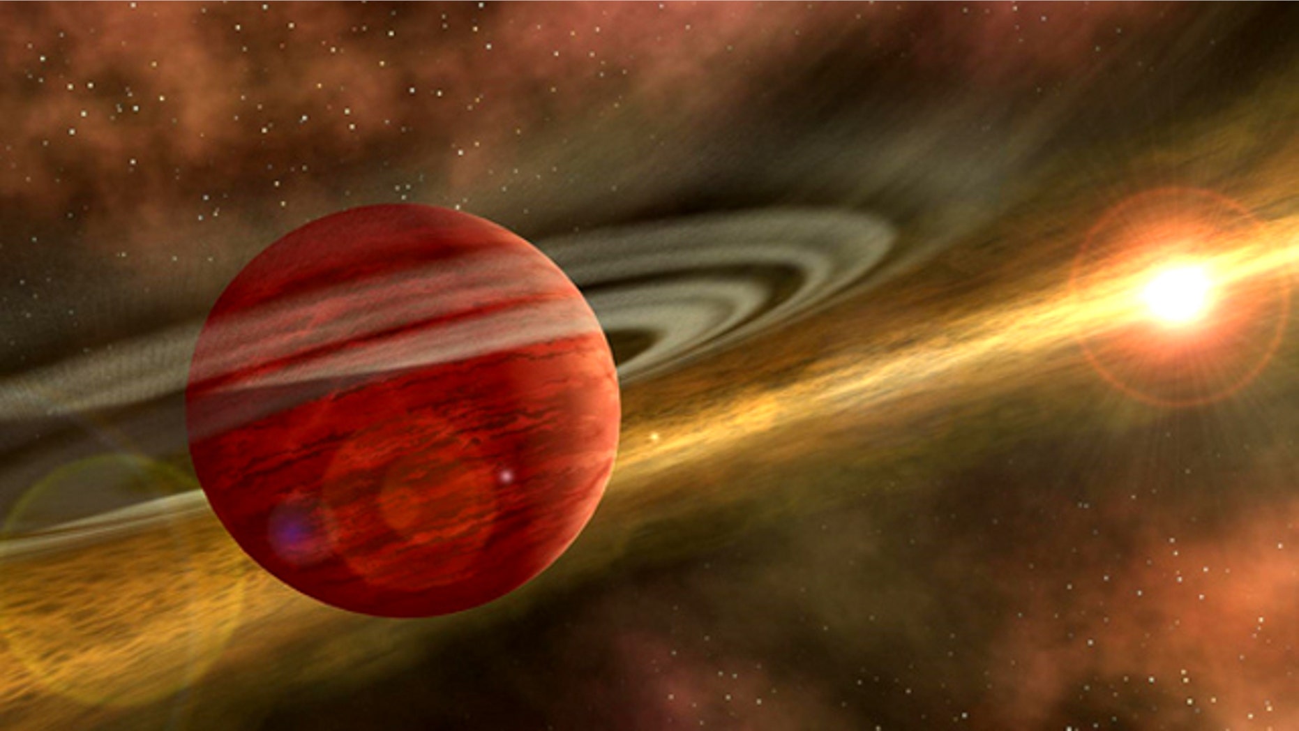 This artist's image shows a newly formed planet swimming through the gas and dust surrounding the star. Such a planet might scoop up gas and dust to build an atmosphere, which it could lose as it moves closer to its sun. Thus it could shift from a gas planet to a terrestrial planet.