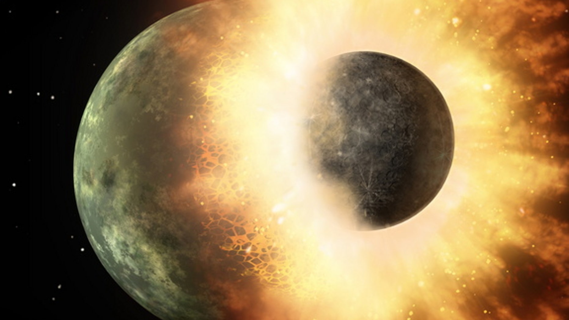 An artist's image of a collision between two planetary bodies. A similar crash likely formed the Earth and moon. New research suggests that the Earth took water and other volatiles from the moon after the collision.
