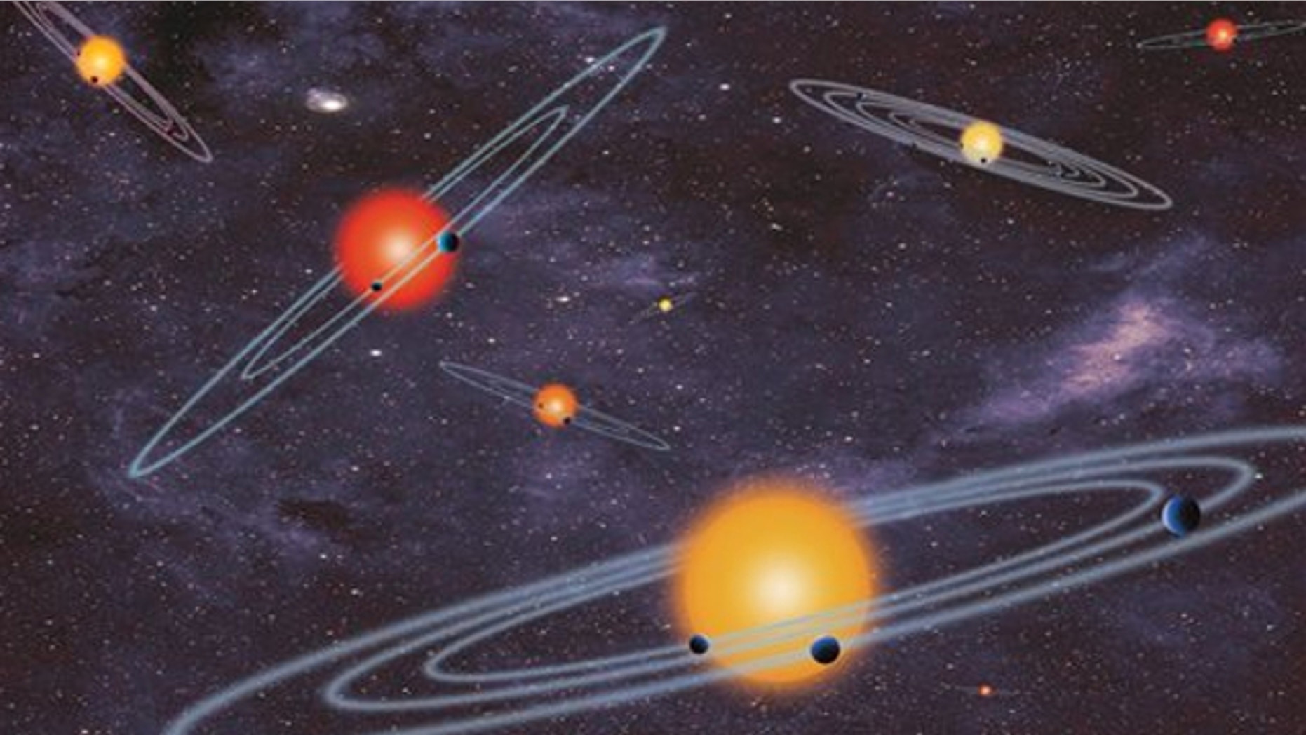 This handout artist conception provided by NASA depicts multiple-transiting planet systems, which are stars with more than one planet. The planets eclipse or transit their host star from the vantage point of the observer. This angle is called edge-on.