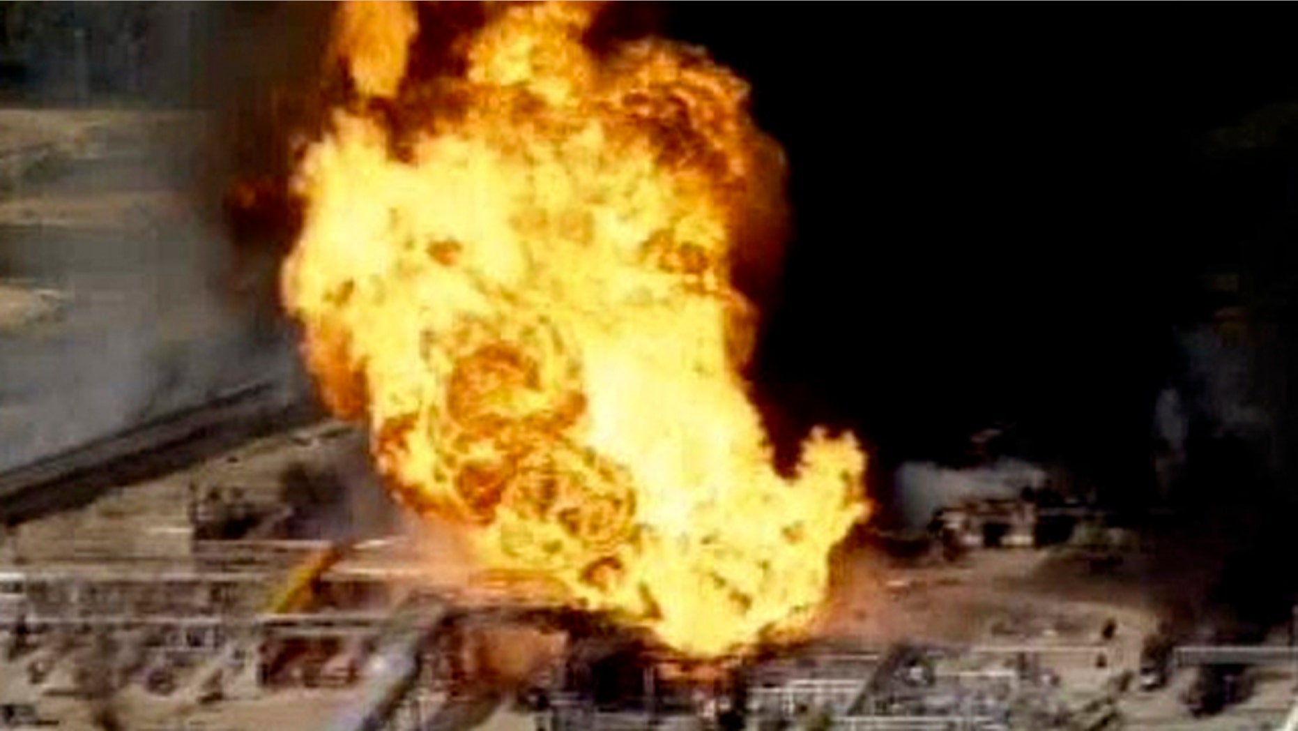 Feb. 8, 2011: This frame grab from video made available by KPRC-TV, shows a fire burning at the Mont Belvieu petroleum plant east of Houston.