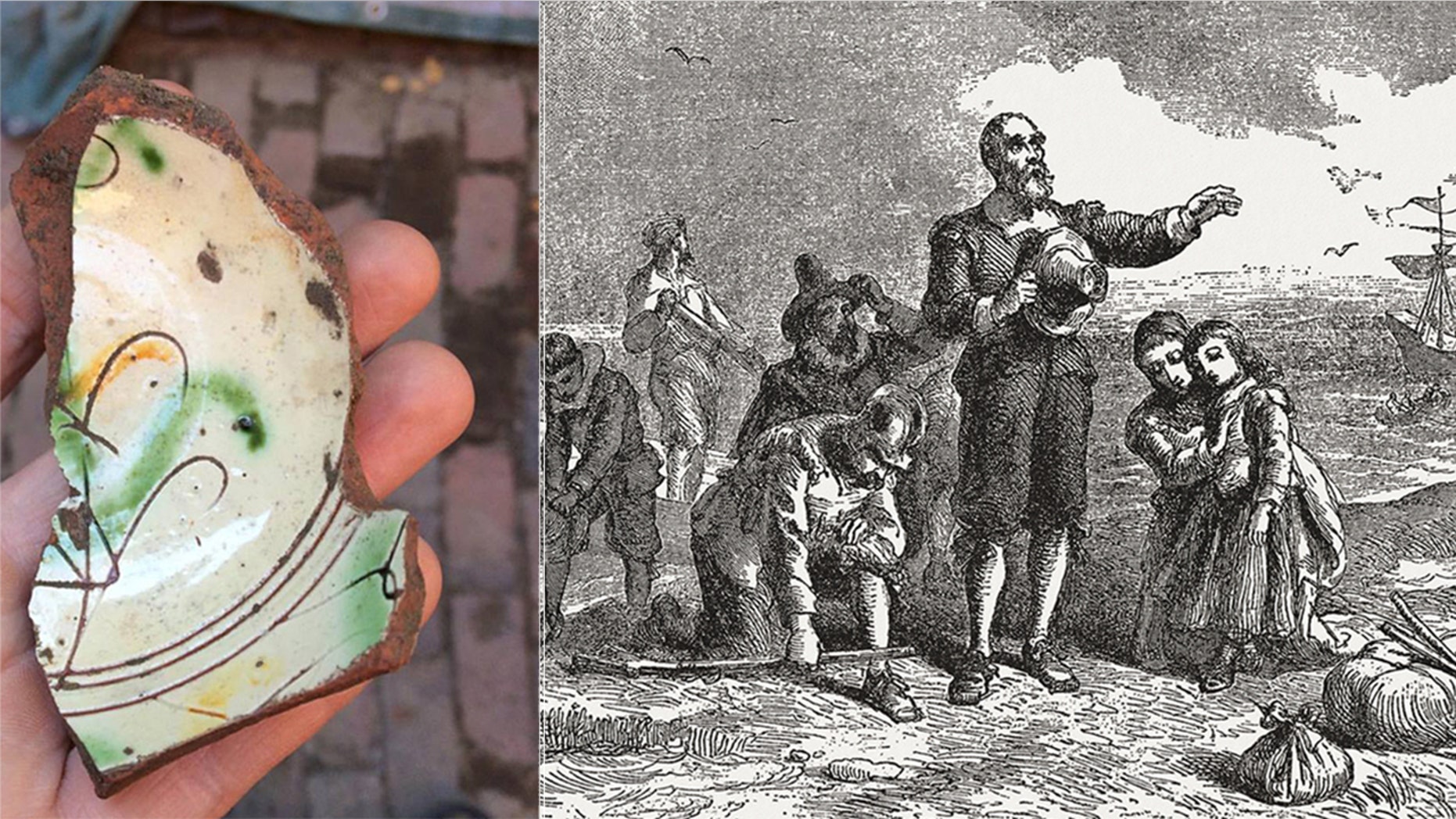 The fragment of the 17th century Italian plate discovered near the Paul Revere House in Boston (City of Boston Archaeology Program) and an illustration of Pilgrim Fathers' embarkation (iStock/ZU_09)