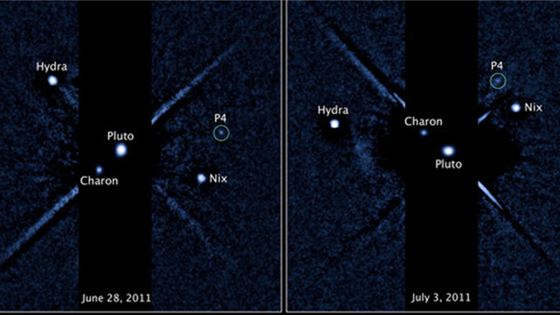 July 20, 2011: The Pluto system as seen by the Hubble Space Telescope's Wide Field Camera 3 ultraviolet visible instrument with newly discovered fourth moon P4 circled. The image on the left was taken on June 28, 2011. The image of the right was taken on July 3, 2011.