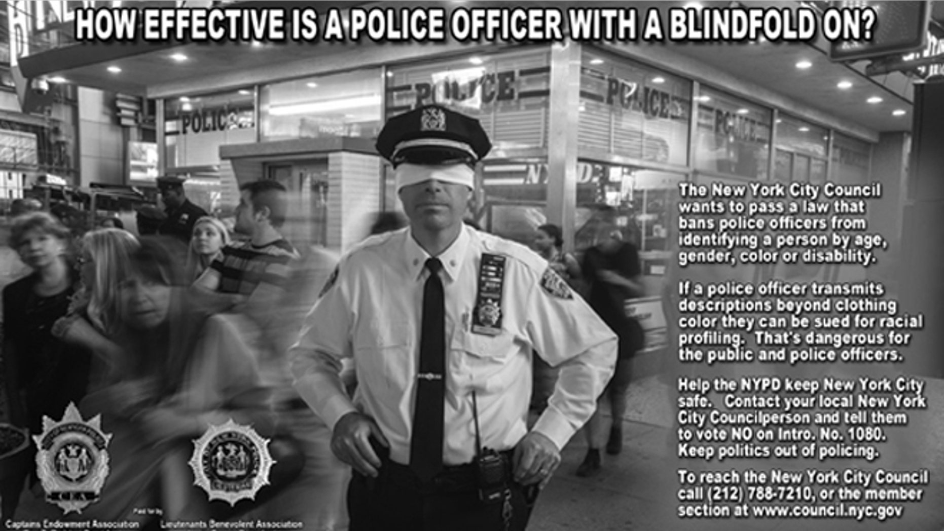 Shown here is an ad from New York City police unions opposing a new proposal they say will limit their ability to do their jobs.