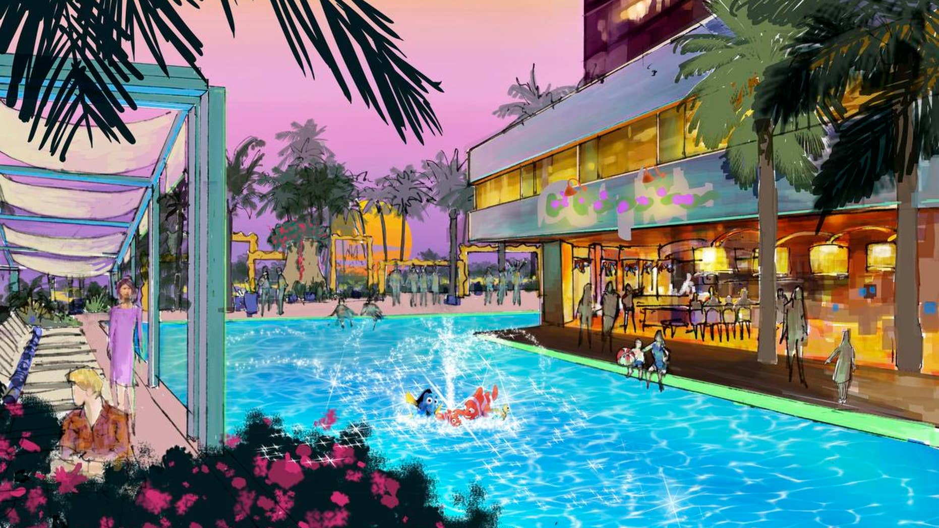 Look closely and you'll see Dory and Nemo in the pool. Concept art of the swimming pool area of the proposed new hotel at the Disneyland Resort.
