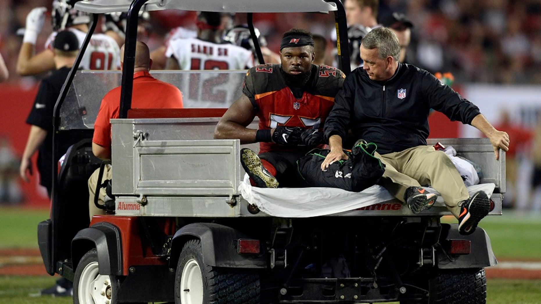 Tampa Bay Buccaneers linebacker Adarius Glanton was carted off the field Monday after getting hurt during the second half of an NFL football game.