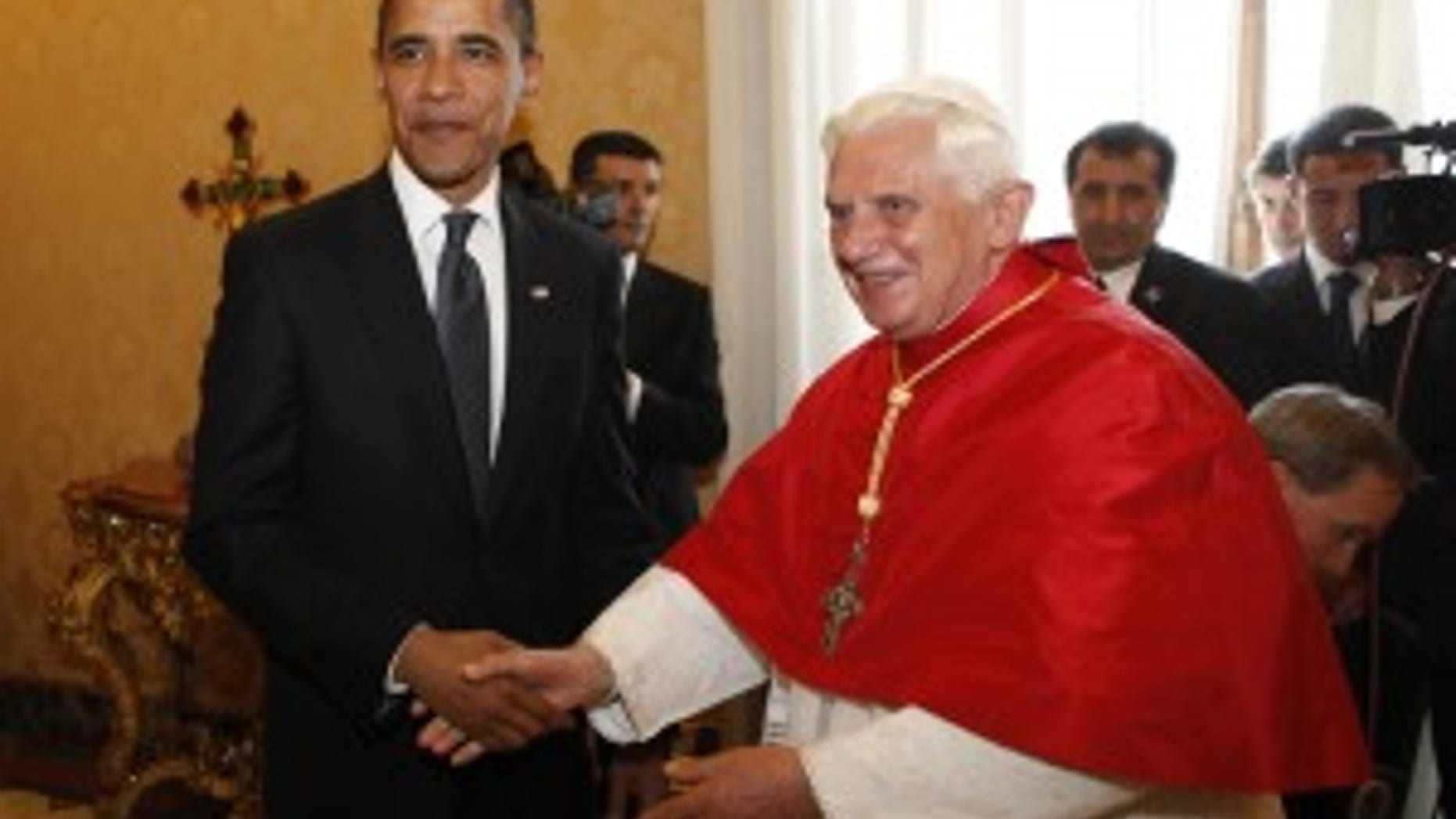 President Barack Obama shakes hands with Pope Benedict XVI, Friday, July 10, 2009, at the Vatican. (AP Photo/Haraz N. Ghanbari)