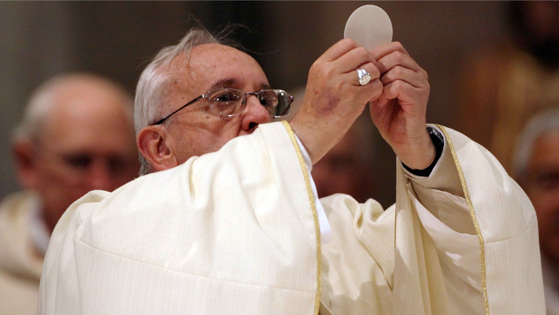VATICAN CITY, VATICAN - MAY 02: Pope Francis holds a mass at the Pontifical North American College at the end of a conference on the canonization of Fra Junpero Serra in light of 'Ecclesia in America' on May 2, 2015 at the Pontifical North American College in Vatican City, Vatican. Pope Francis has announced he intends to canonize Blessed Junpero Serra during his visit to the United States in September. (Photo by Franco Origlia/Getty Images)