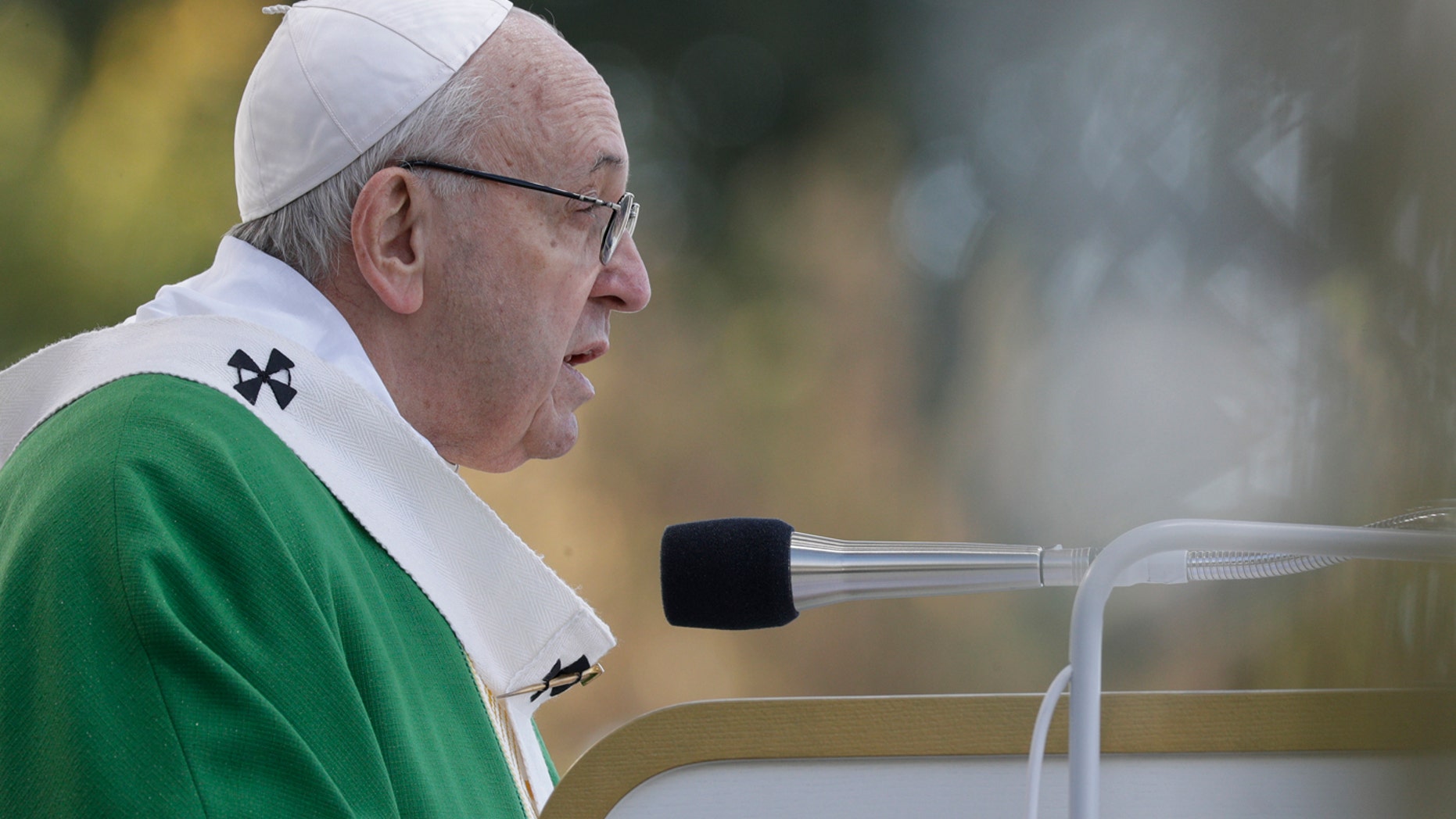 Pope Francis delivers his message as he celebrates Mass at the Santakos Park, in Kaunas, Lithuania, Sunday, Sept. 23, 2018.