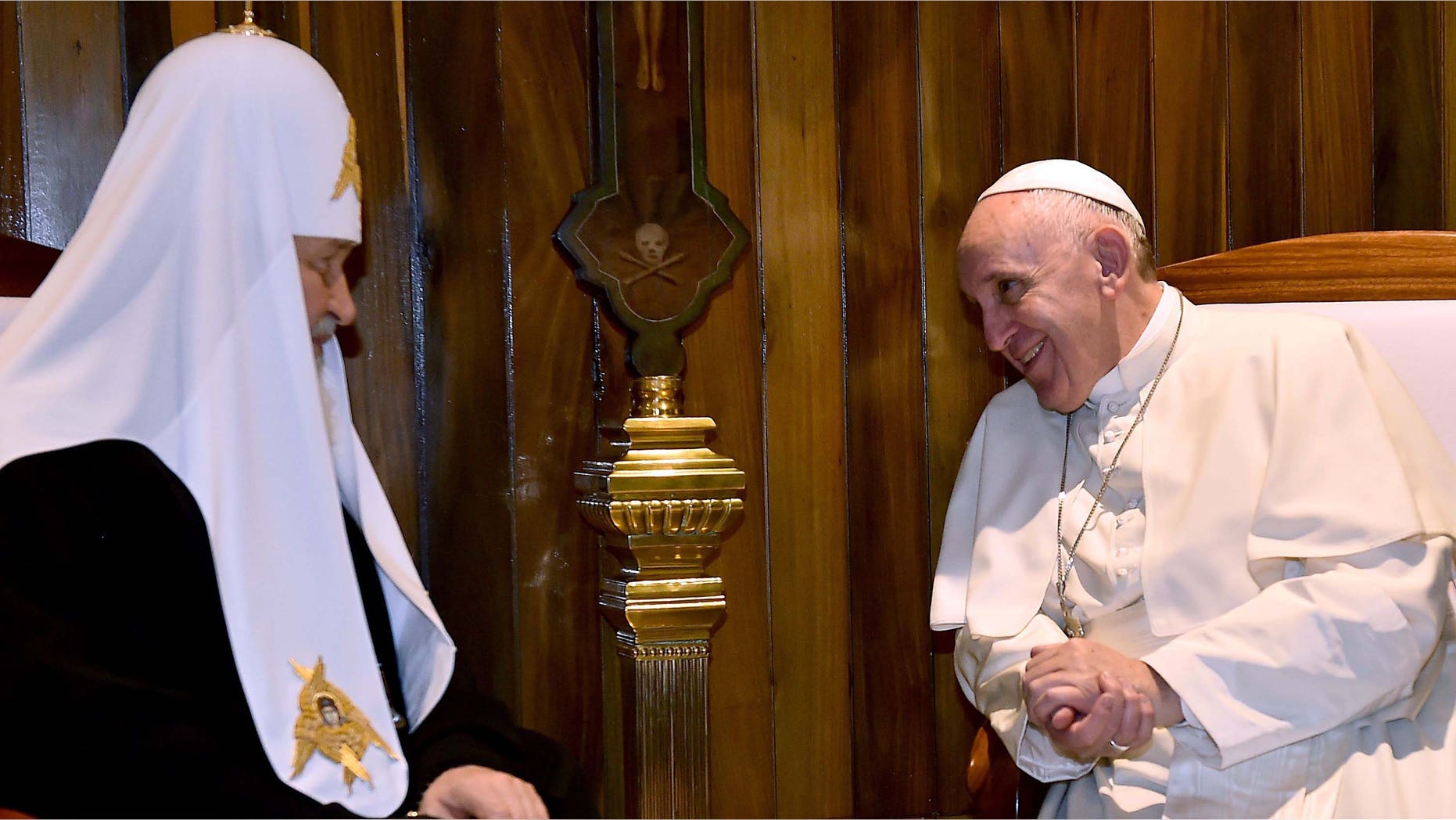 Pope Francis (R) meets with the head of the Russian Orthodox Church, Patriarch Kirill, in Havana on February 12, 2016. The meeting is the first of its kind since an 11th-century schism split Christianity into Western and Eastern branches. AFP PHOTO / GABRIEL BOUYS / AFP / GABRIEL BOUYS (Photo credit should read GABRIEL BOUYS/AFP/Getty Images)