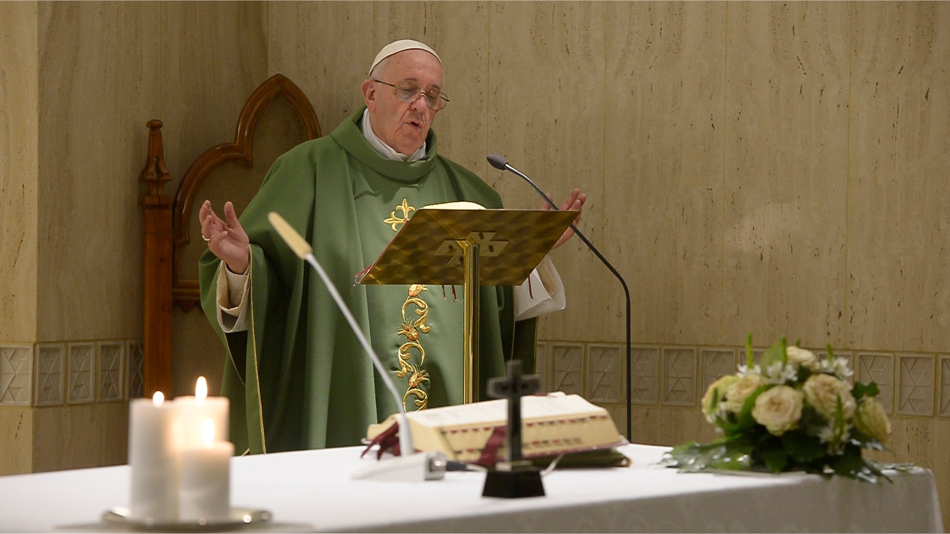 Pope Francis celebrates a mass at the Vatican's Santa Marta hotel, Friday, Nov. 6, 2015. The pontiff says it is "sad" when bishops and priests are "attached to money" and to advancing their careers, in his first public comments following the latest leaked revelations of greedy Vatican prelates resisting his efforts to reform Holy See finances and administration. Francis made the impromptu remarks during his homily Friday, apparently inspired by revelations in two new books of leaked documents and conversations. (L'Osservatore Romano/Pool photo via AP)