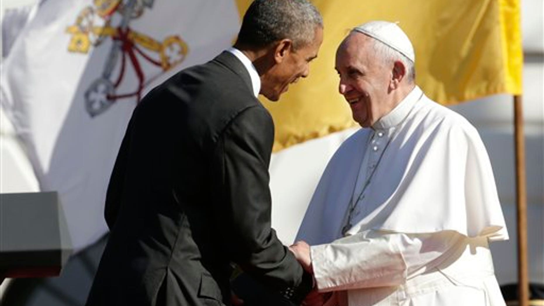 President Barack Obama shakes hands with Pope Francis after this welcoming speech during the state arrival ceremony on the South Lawn of the White House in Washington, Wednesday, Sept. 23, 2015. (AP Photo/Pablo Martinez Monsivais)