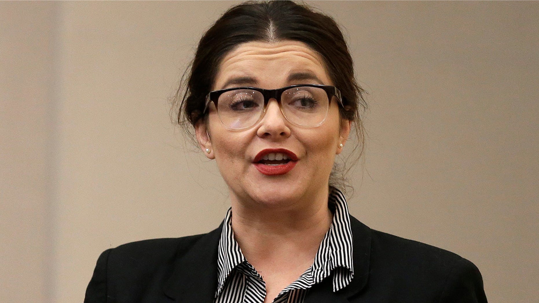 Feb. 18, 2016: Porn actress Maxine Holloway speaks before an Occupational Safety & Health Standards Board hearing in Oakland. (AP Photo/Ben Margot)