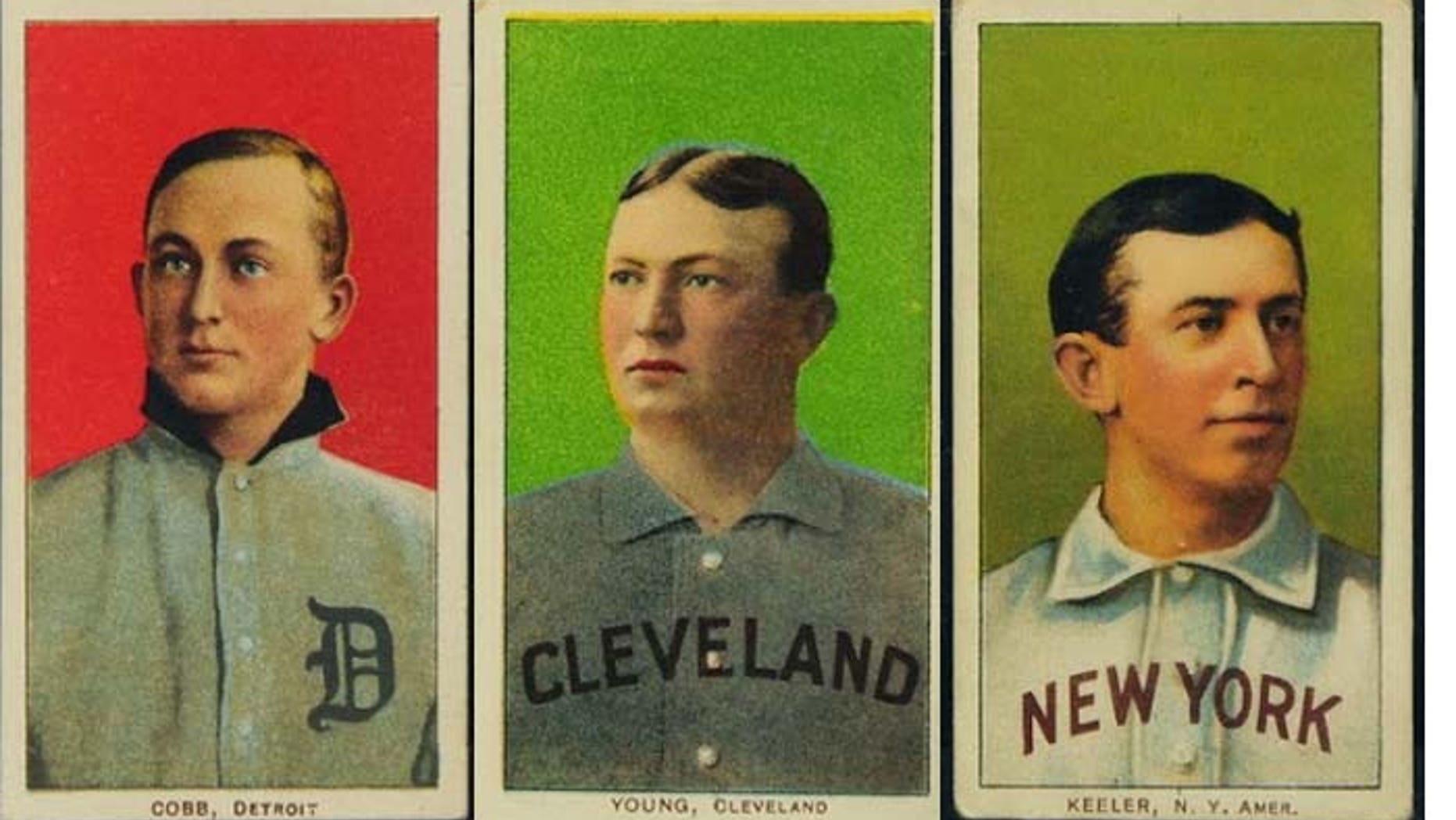 Among the early 20th Century baseball cards sold in the first phase of the "Portland trove" auction were these Hall of Famers, from left: Ty Cobb, Cy Young and Willie Keeler. (Saco River Auctions)