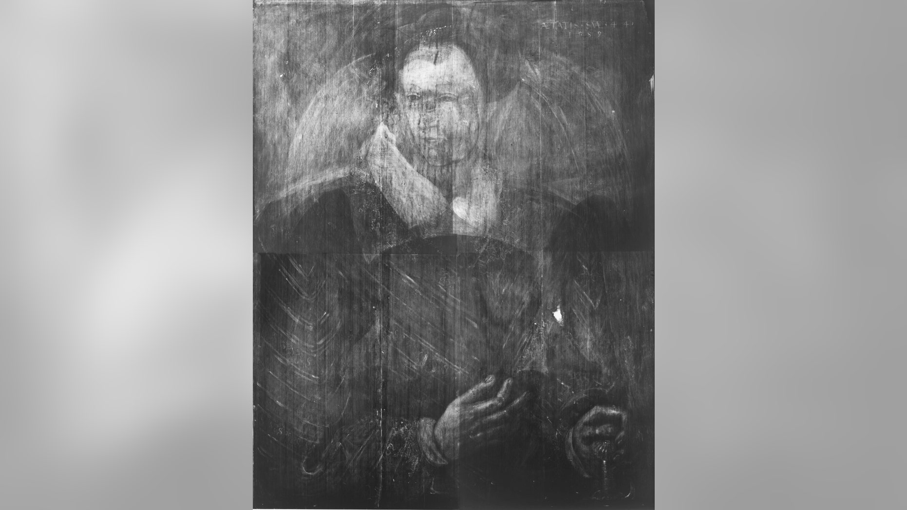 X-ray view of Adrian Vanson's portrait of Sir John Maitland that shows the ghostly outline of a hidden portrait of Mary, Queen of Scots (courtesy National Galleries of Scotland).