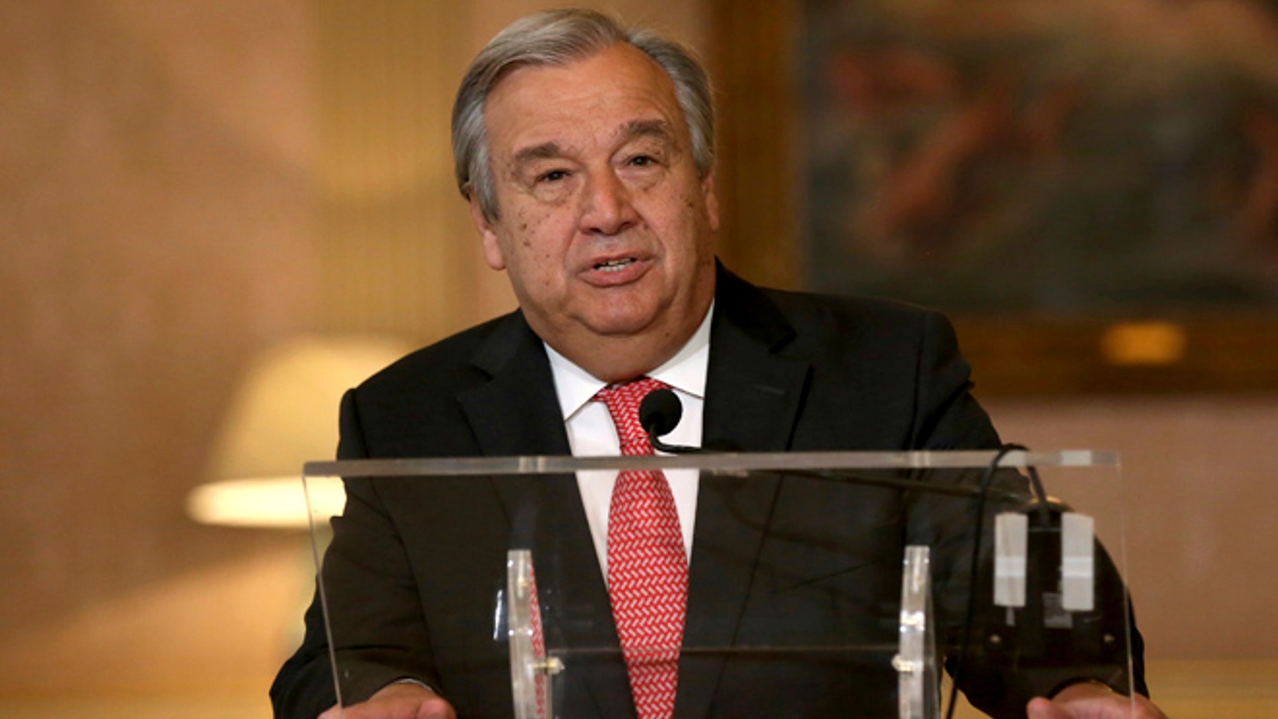 The newly appointed Secretary General of the United Nations, Antonio Guterres, reads a statement at Lisbon's Necessidades palace after the formal election took place this morning at the organisation's headquarters, Thursday, Oct. 6, 2016.
