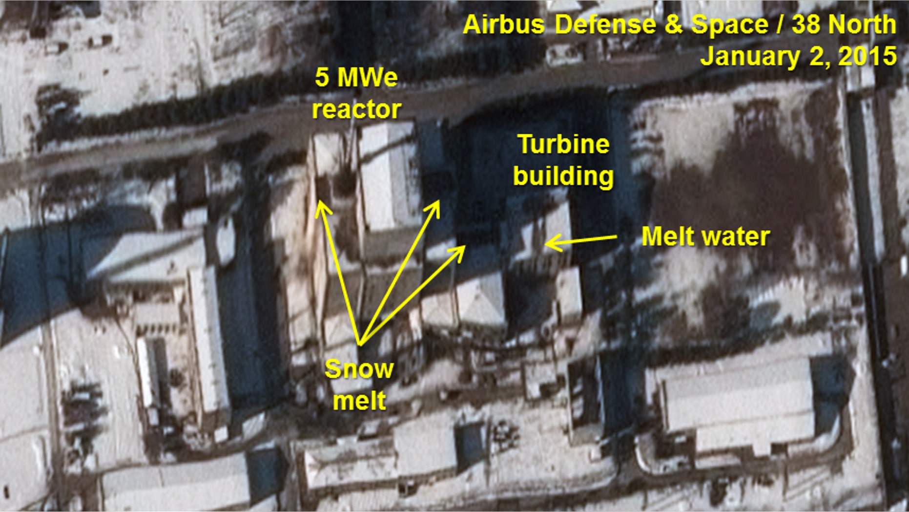 Jan. 2, 2015: U.S.-Korea Institute at the Johns Hopkins School of Advanced International Studies shows an annotated satellite photo indicating signs of new activity at the 5 MWe Plutonium Production Reactor at North Korea’s Nyongbyon Nuclear Scientific Research Center.