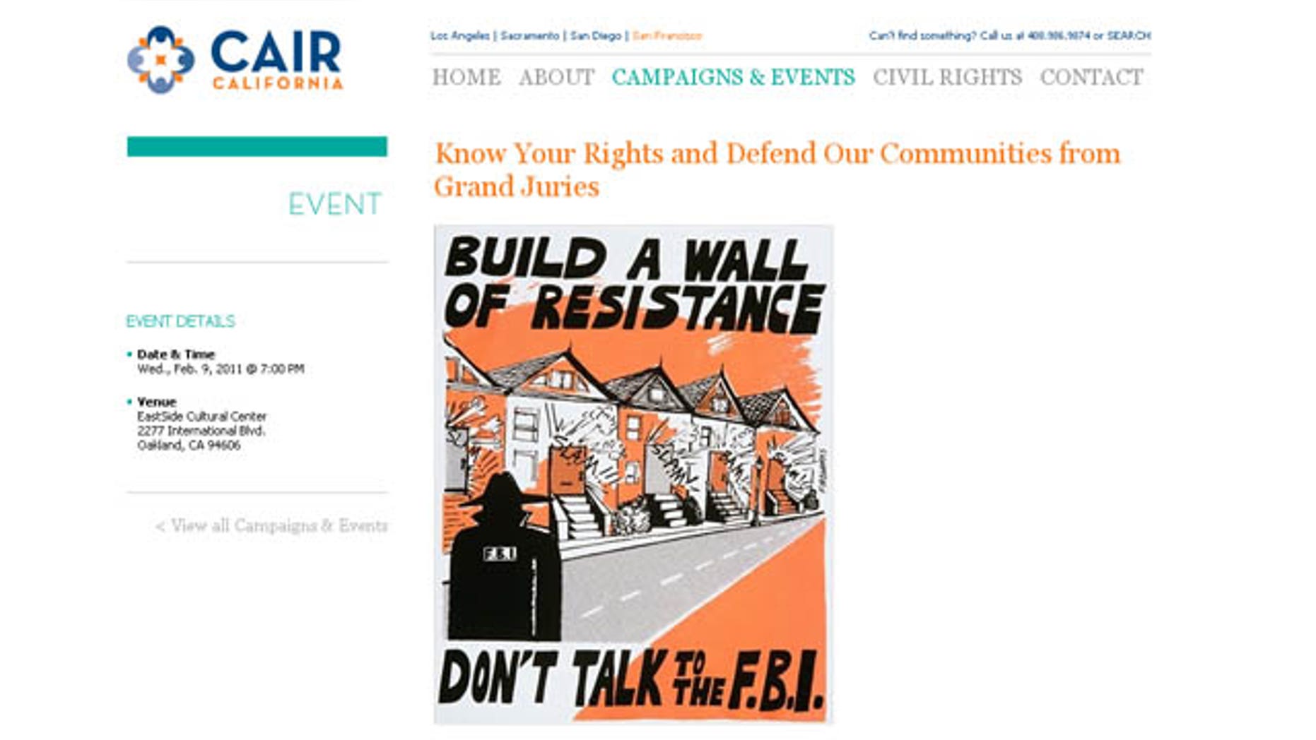 Image from the CAIR website that uses a poster encouraging people not the talk to the FBI to promote an upcoming conference.
