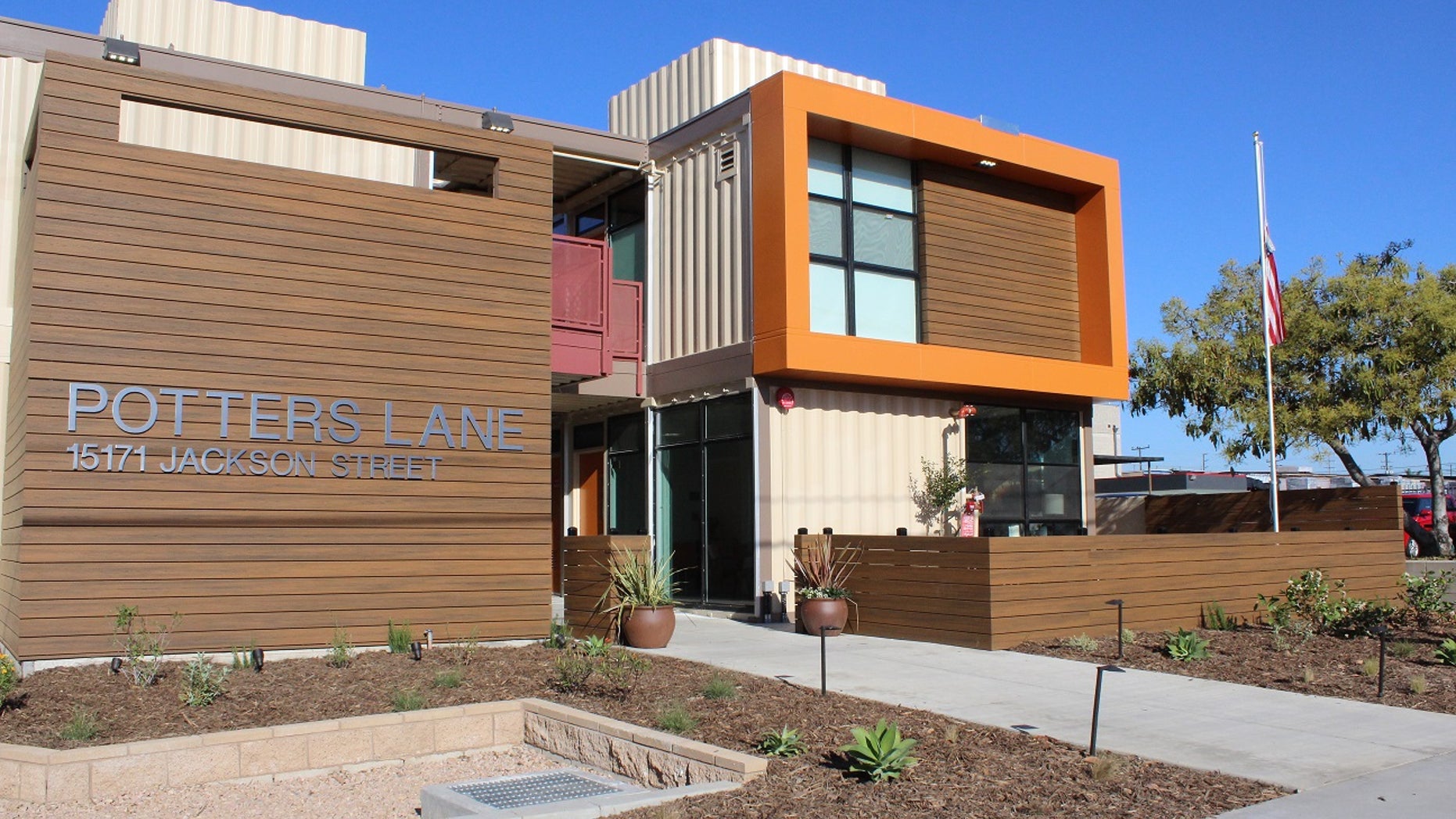 The Potter’s Lane apartment complex, located in Middle City, Calif., houses homeless veterans. The complex is composed of recycled shipping containers.