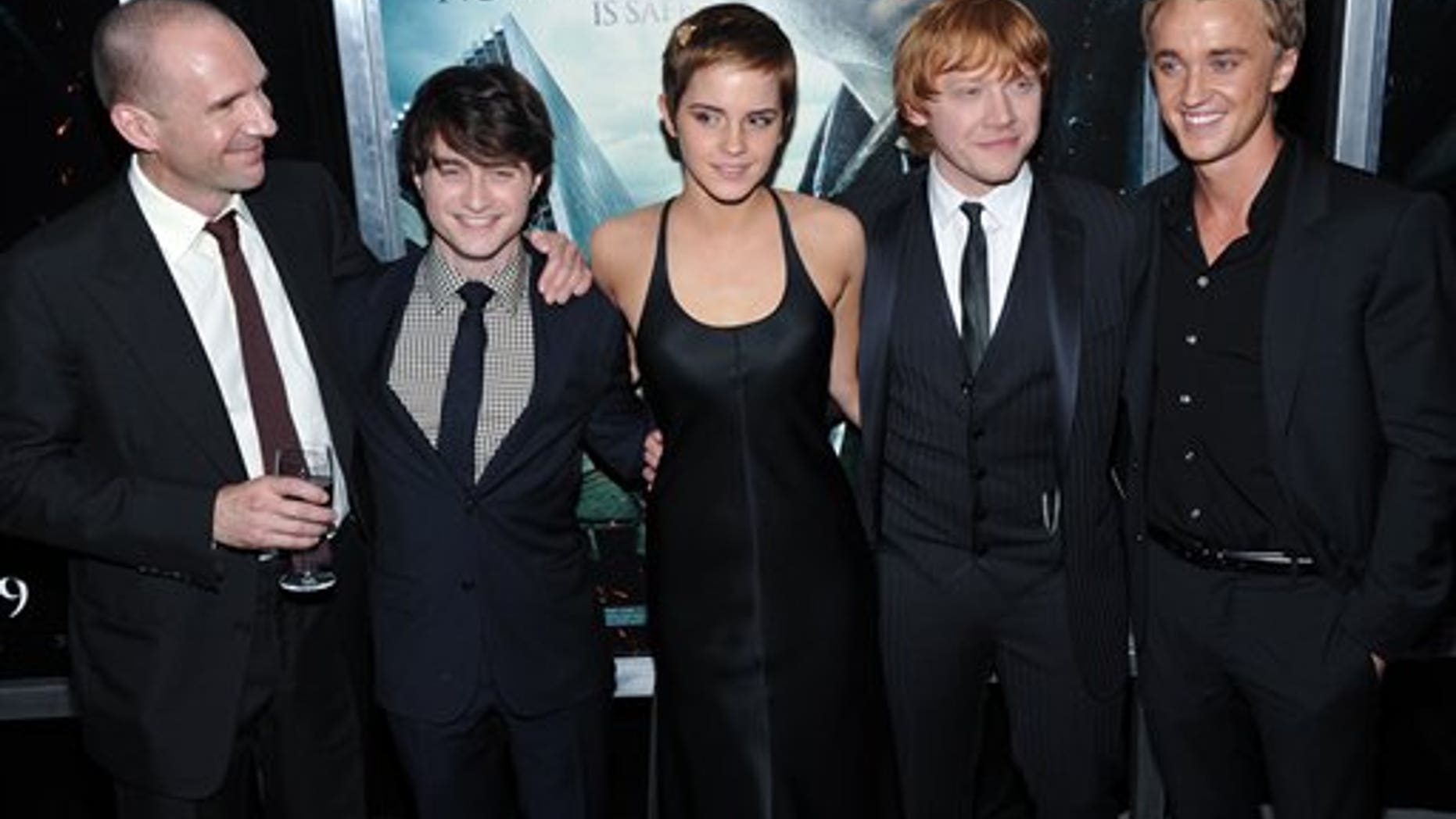 Actors, from left, Ralph Fiennes, Daniel Radcliffe, Emma Watson, Rupert Grint and Tom Felton attend the premiere of 'Harry Potter and the Deathly Hallows Part 1' at Alice Tully Hall on Monday, Nov. 15, 2010 in New York. (AP)