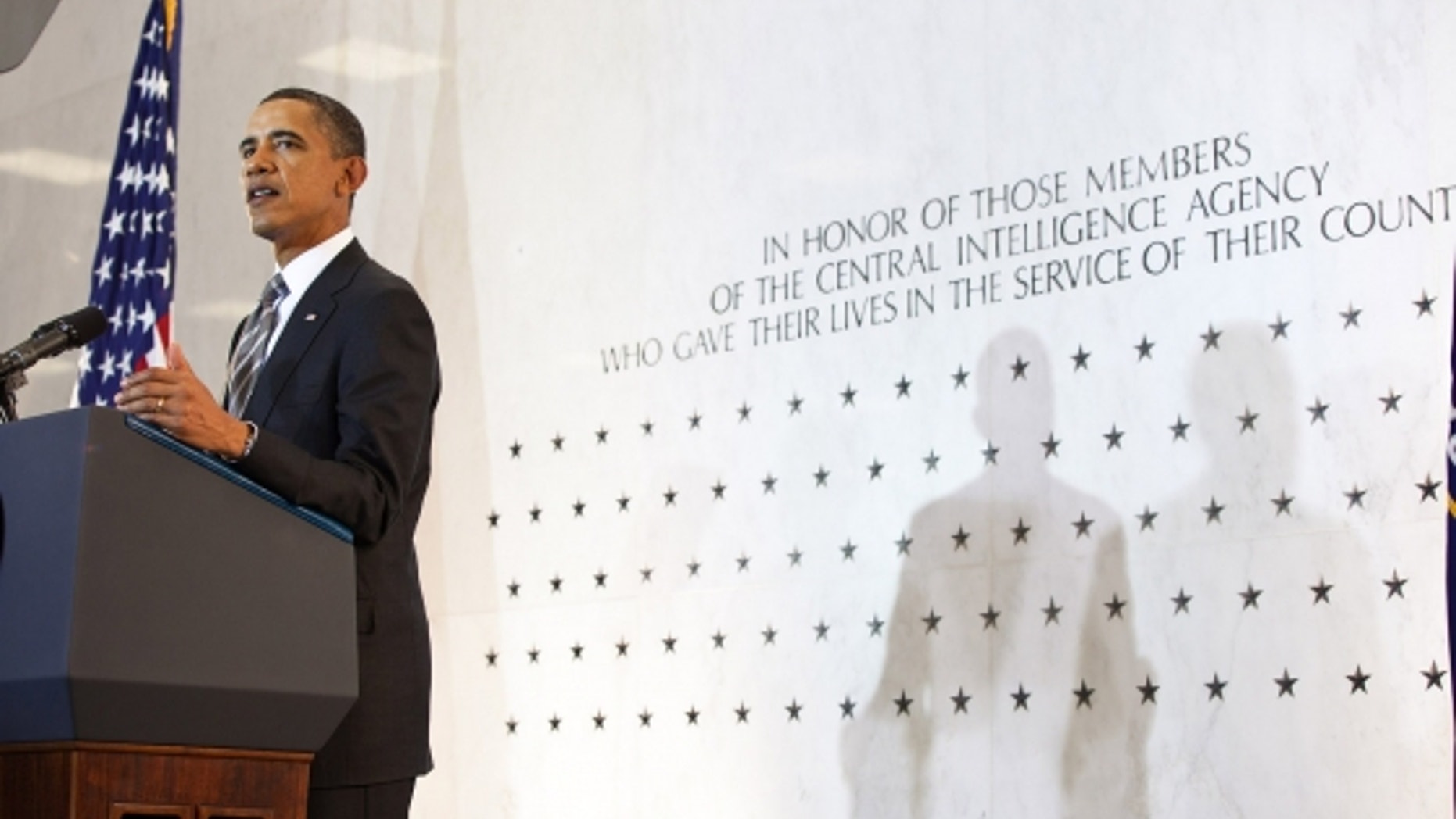 President Barack Obama delivers remarks to the intelligence community in the lobby of the Old CIA headquarters in Langley, Va., May 20, 2011. The backdrop is the CIA Wall of Stars. (Official White House Photo by Pete Souza)