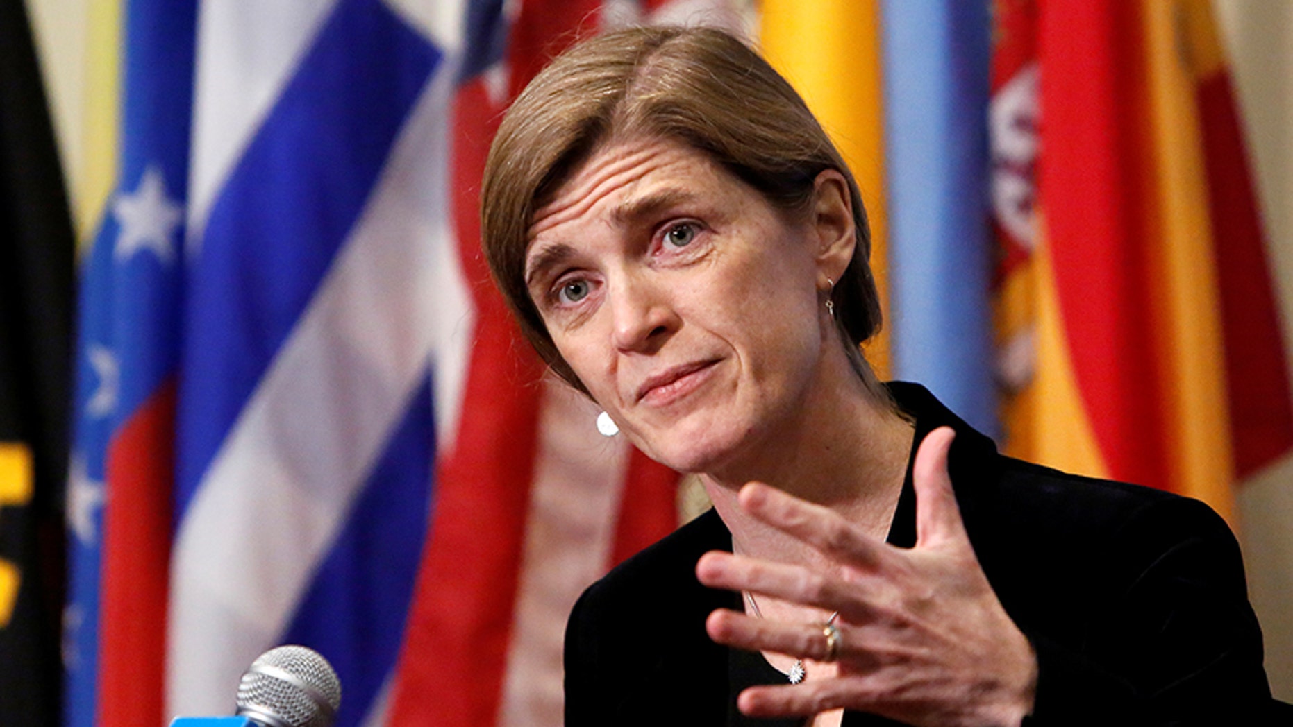 United States Ambassador to the United Nations Samantha Power addresses media following a United Nations Security Council vote,