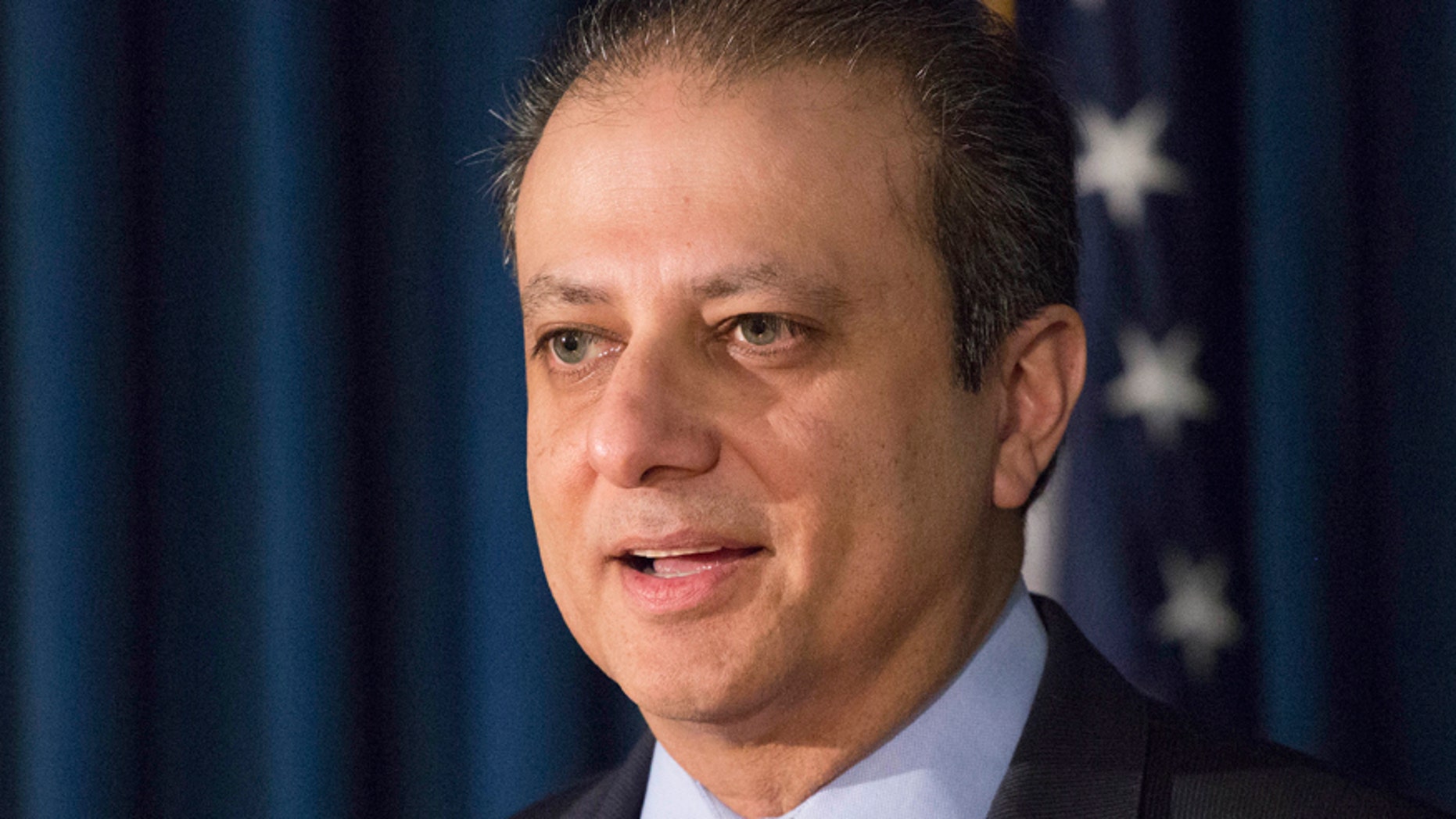 FILE - In this Dec. 21, 2016 file photo, United States District Attorney Preet Bharara announces chargesin New York, against Navnoor Kang, a former portfolio manager at the New York State Common Retirement Fund, and two broker-dealers, Deborah Kelley and Gregg Schonhorn, for participating in a "pay-for-play" scheme. A person with knowledge of U.S. Bharara's actions said Saturday, March 11, 2016, he is not complying with Attorney General Jeff Sessions' request to resign along with other prosecutors appointed by former President Barack Obama. (AP Photo/Mark Lennihan)