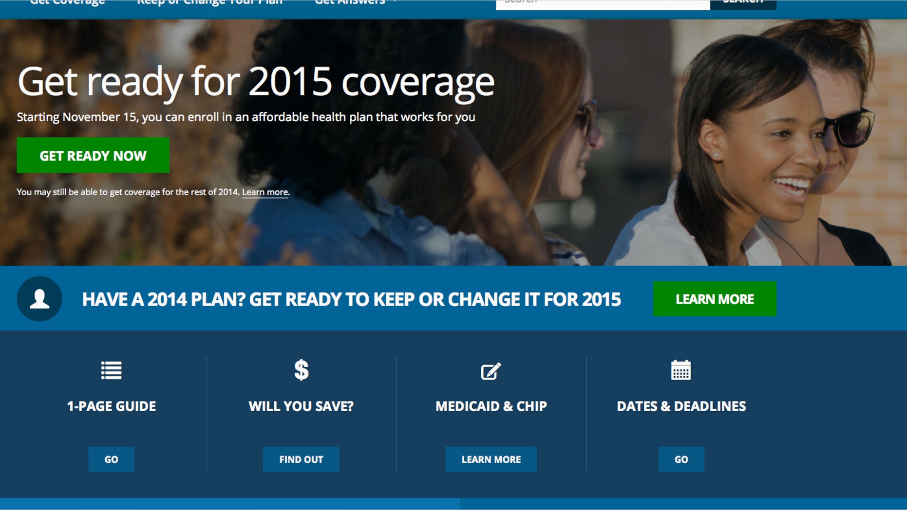 Oct. 15, 2014: Screen shot of the home page of HealthCare.gov, a federal government website managed by the U.S. Centers for Medicare & Medicaid Service.