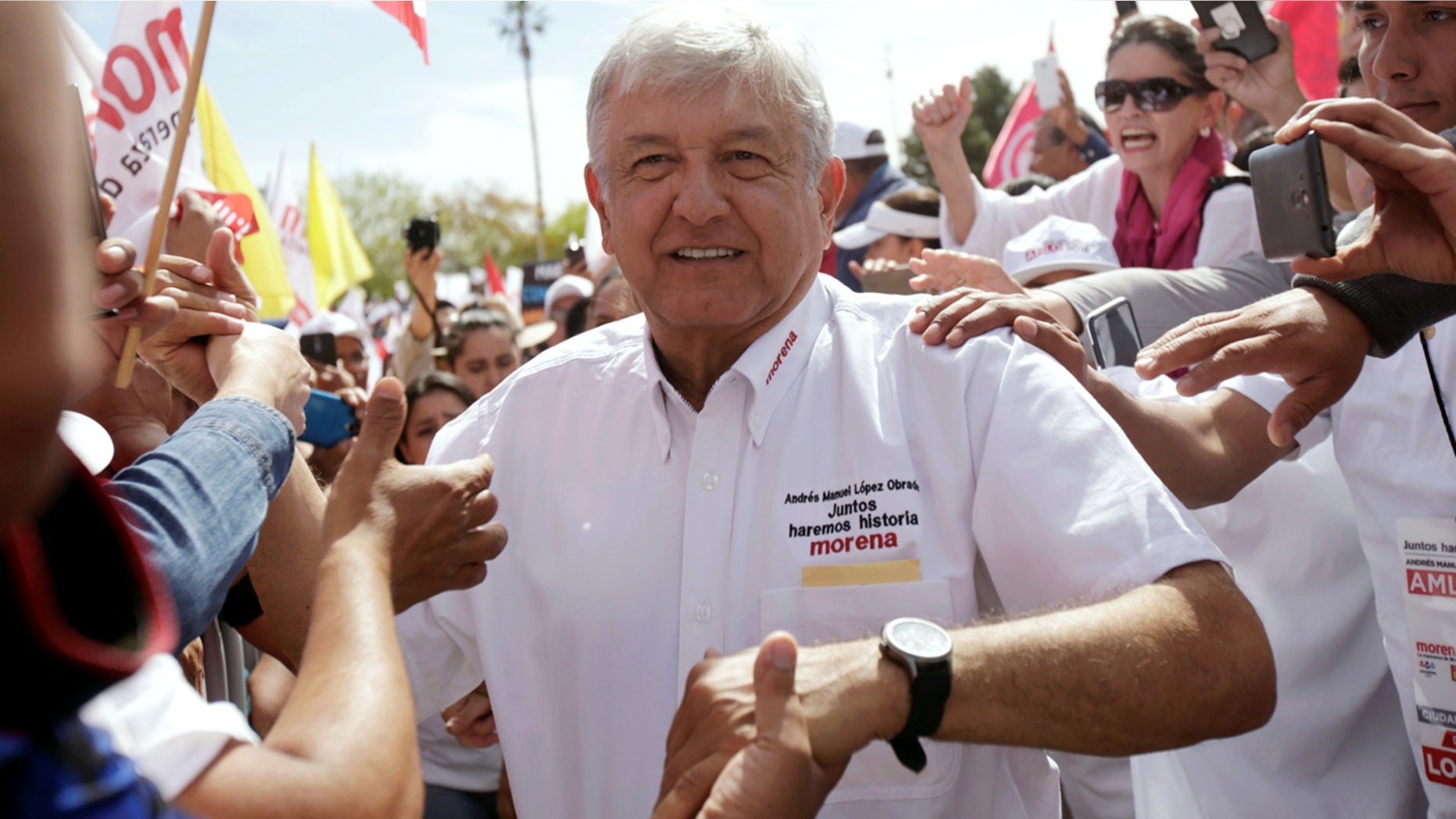 April 1: Leftist front-runner Andres Manuel Lopez Obrador greets supporters during his campaign rally in Ciudad Juarez.