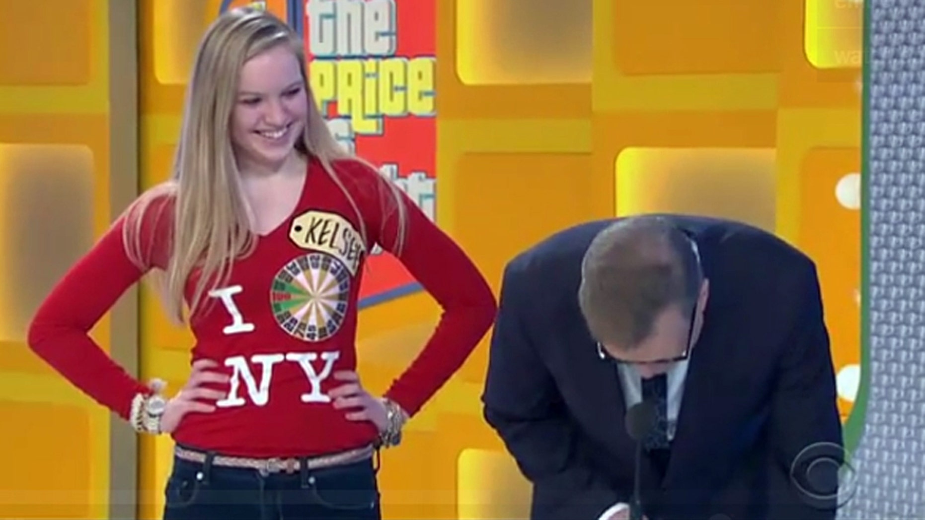 "The Price is Right" host Drew Carey doubles over in laughter after New York City contestant Kelsey answers his question.