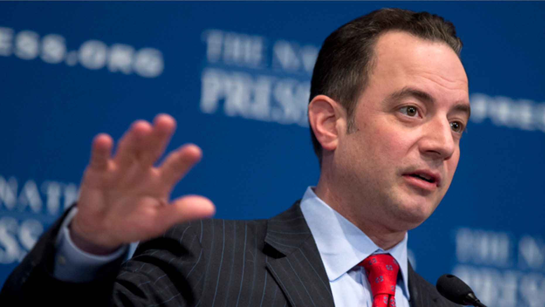 FILE: March 18, 2013: Republican National Committee (RNC) Chairman Reince Priebus gestures while speaking at the National Press Club in Washington, D.C.