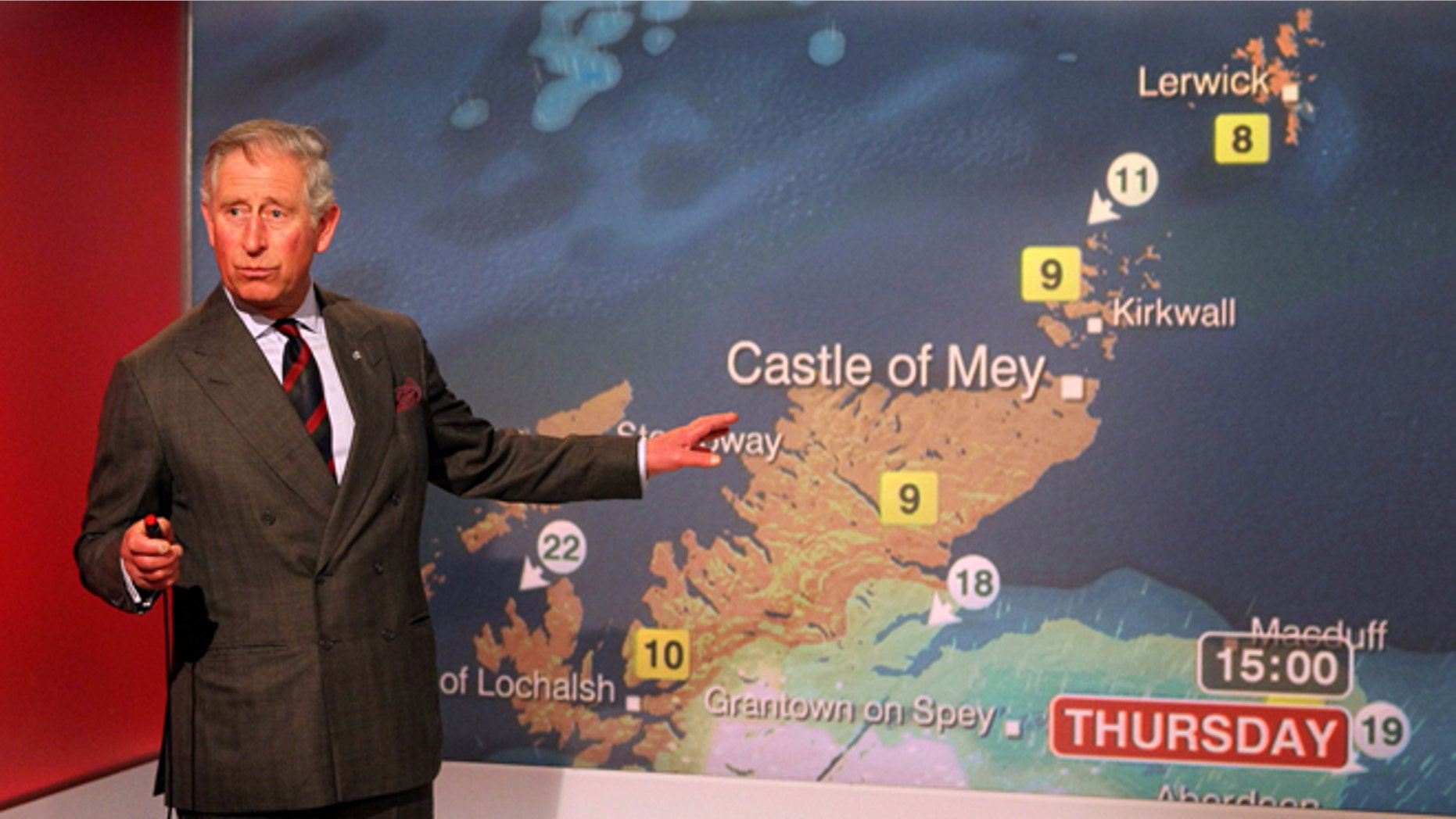 May 10, 2012: Britain's Prince Charles reads the weather in the Six O'Clock studio whilst on a tour of the BBC Scotland Headquarters in Glasgow, Scotland where they met staff to celebrate sixty years of BBC Scotland Television.