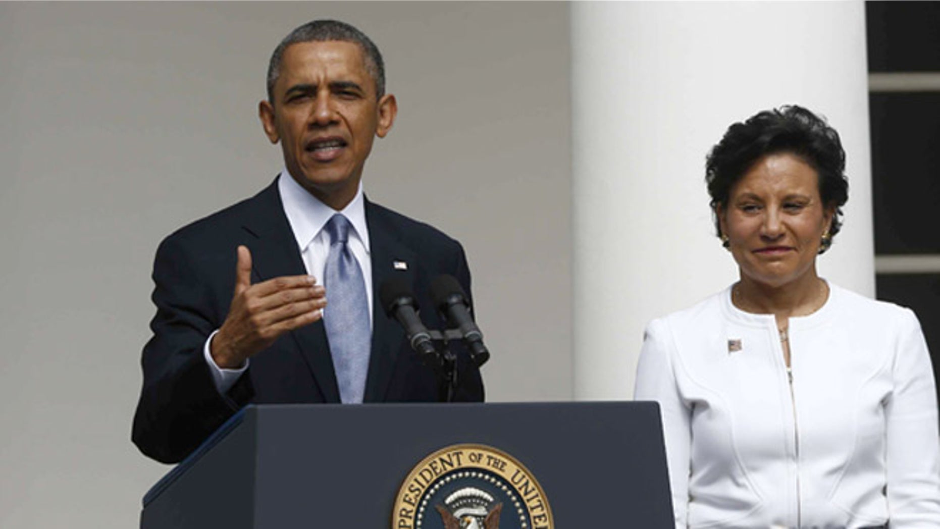 May 2, 2013: President Obama speaks in the Rose Garden of the White House, where he announced his pick for Commerce secretary, Penny Pritzker, right.