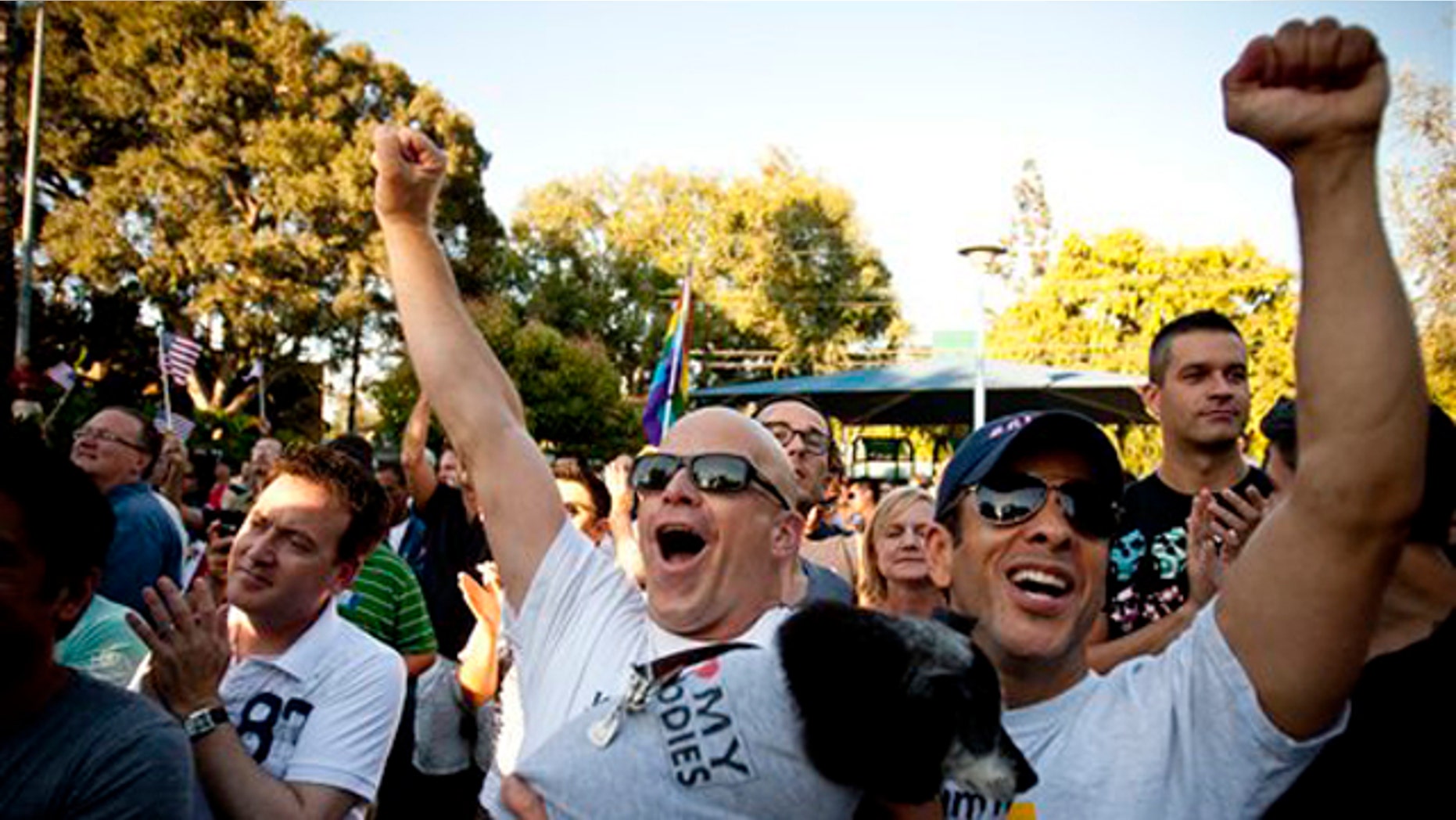 Proposition 8 opponents Mark Allen, left, and his partner Allen Hidalgo cheer during a rally Aug. 4 in West Hollywood, Calif. (AP Photo)