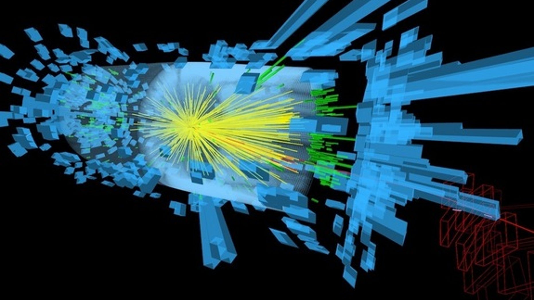 Particles created from the proton collision stream out from the center of the Compact Muon Solenoid detector.