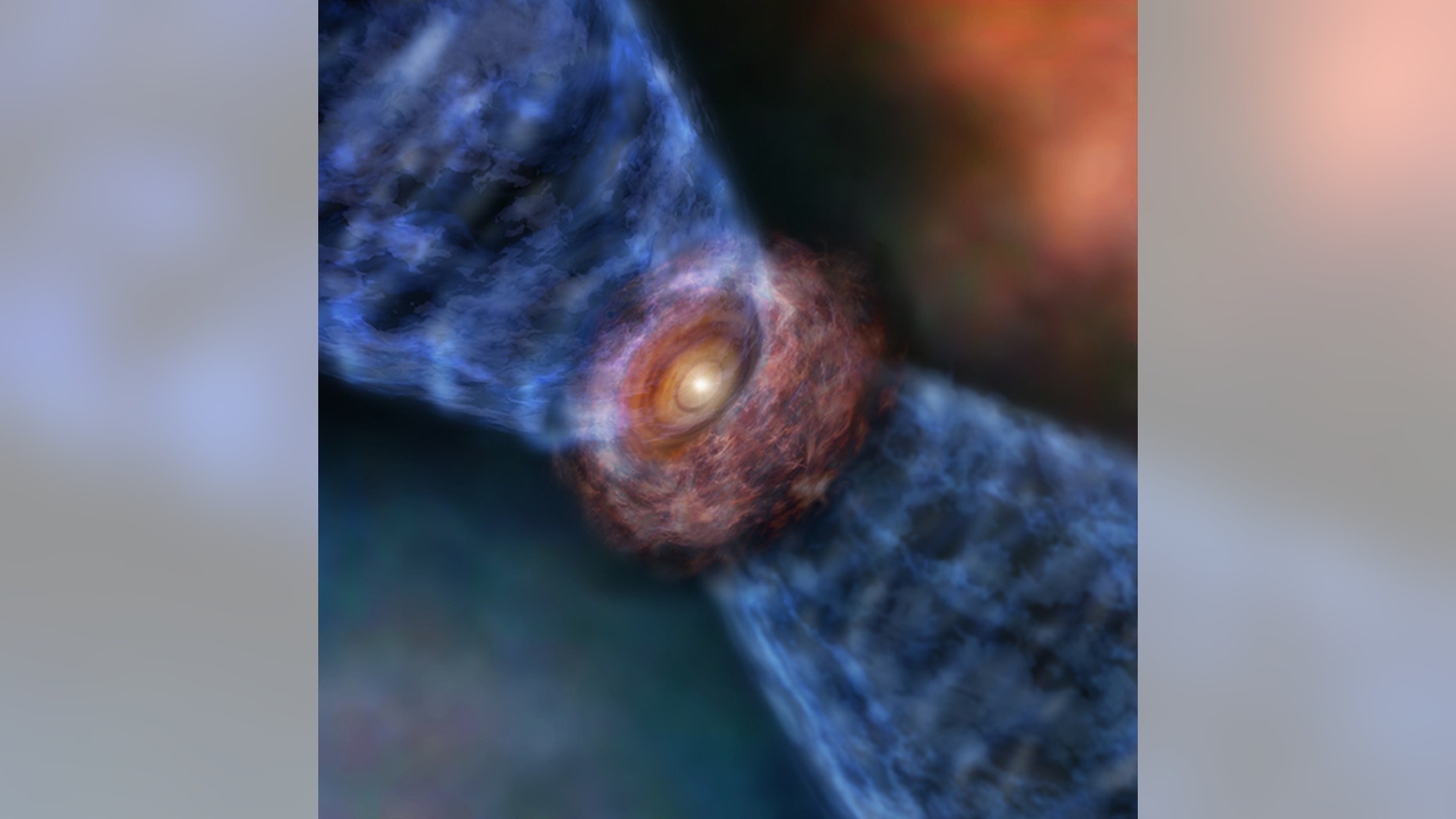 An artist's impression of the massive protostar Orion KL Source I. Researchers recently used the ALMA telescope in Chile to precisely measure the rotating gases flowing out from the baby star as it forms.