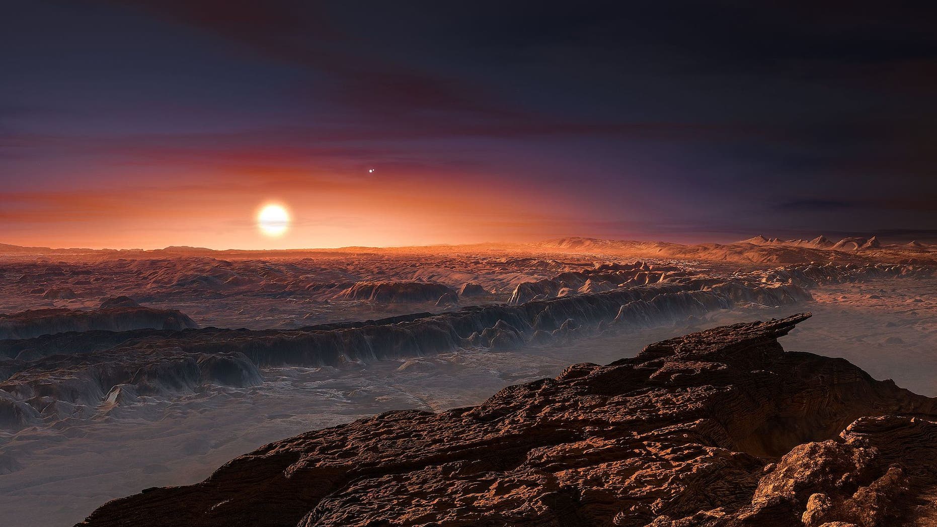 An artist's illustration of the surface of Proxima b, a roughly Earth-size world that orbits the nearby red dwarf star Proxima Centauri.