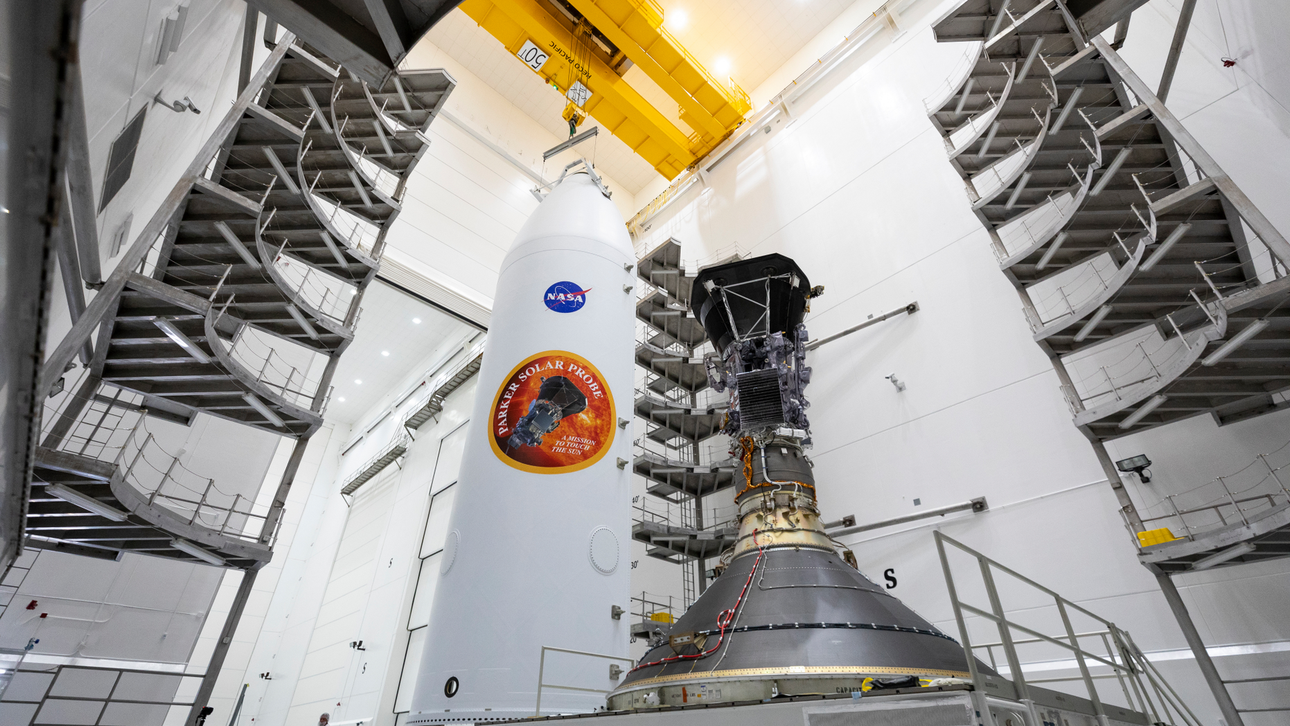 The Parker Solar Probe as seen on July 16, 2018, waiting to launch aboard a United Launch Alliance Delta IV Heavy rocket.