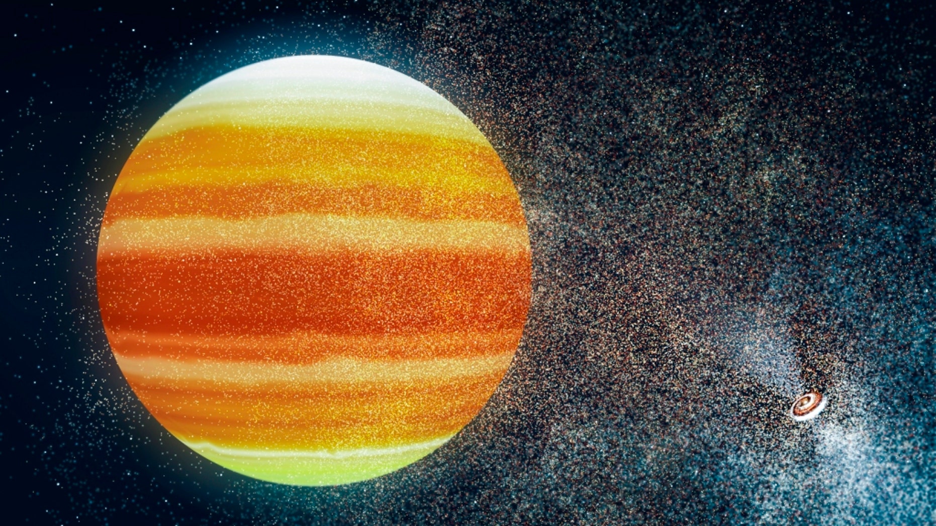 Artistic impression of a habitable planet (center) near a pulsar (right). Such a planet must have an enormous atmosphere that converts the deadly X-rays and high-energy particles of the pulsar into heat.