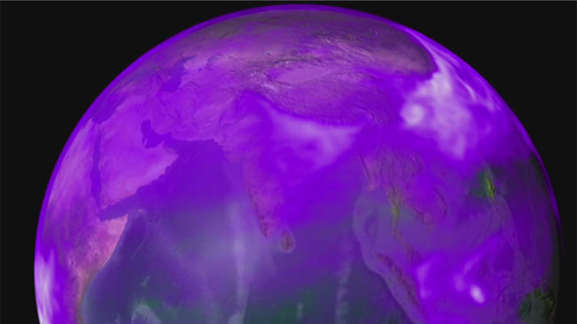 New research shows how winds push thick clouds of black carbon (shown in purple and white) and dust toward the base of the Himalayas where they accumulate, rise and drive a heat pump that affects the region's climate.